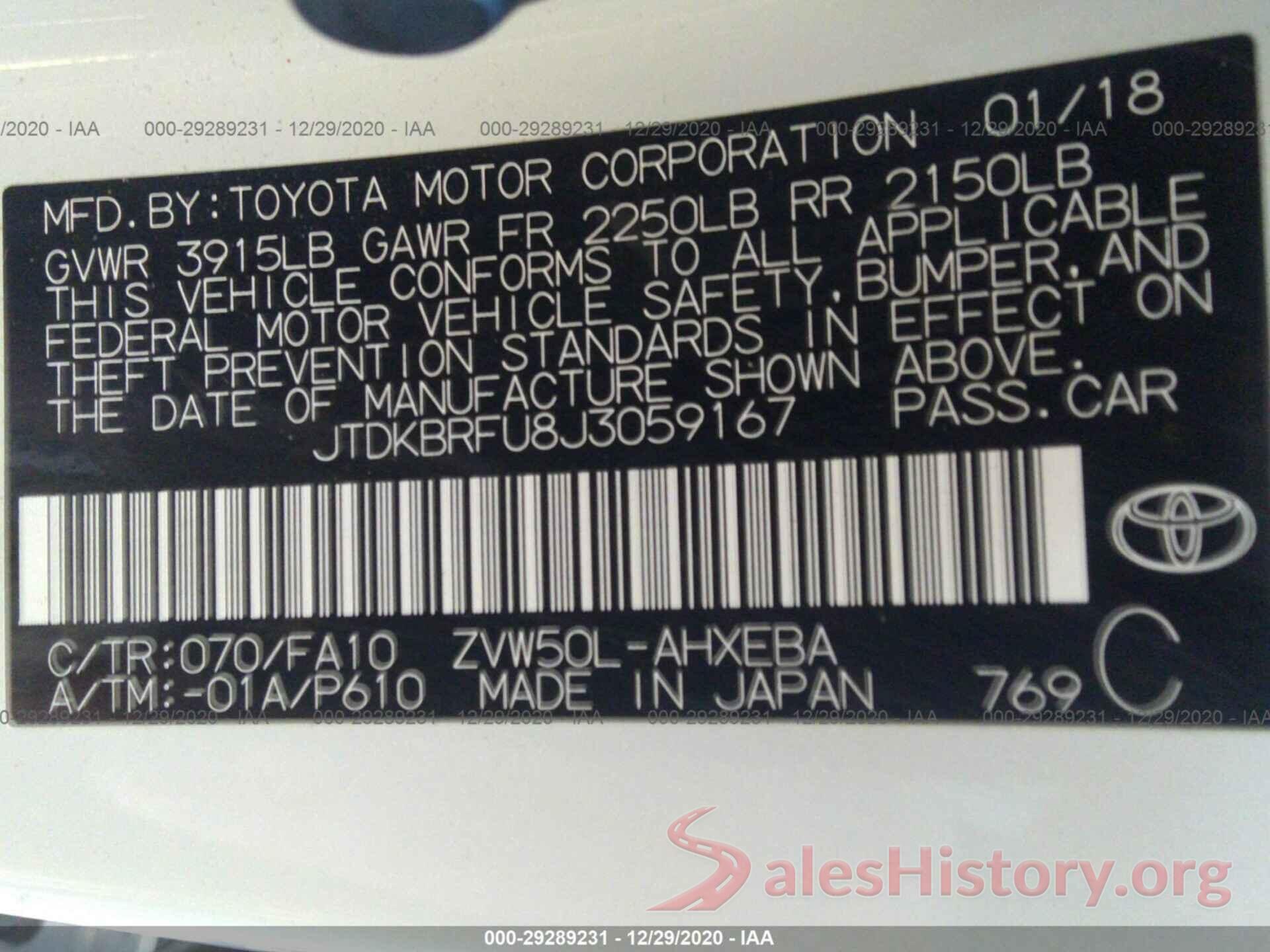 JTDKBRFU8J3059167 2018 TOYOTA PRIUS