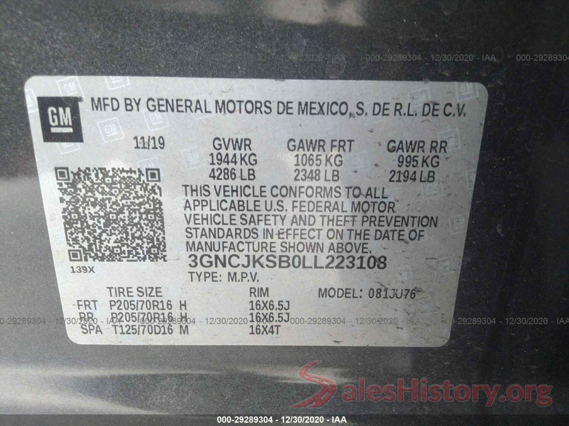 3GNCJKSB0LL223108 2020 CHEVROLET TRAX