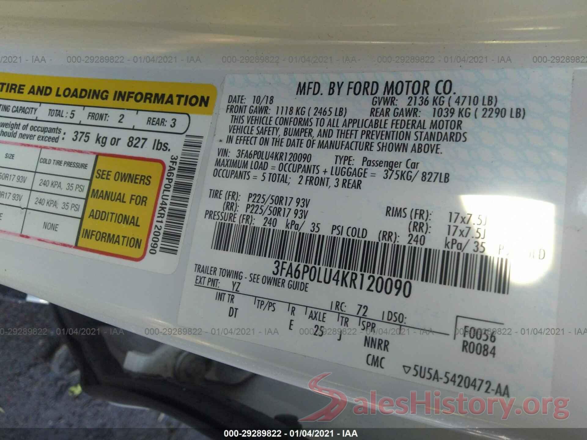 3FA6P0LU4KR120090 2019 FORD FUSION HYBRID