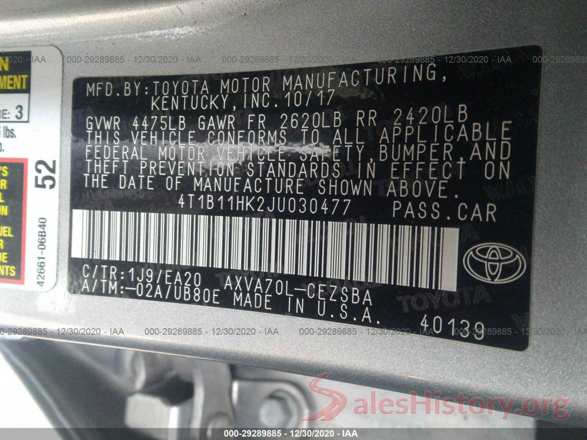 4T1B11HK2JU030477 2018 TOYOTA CAMRY