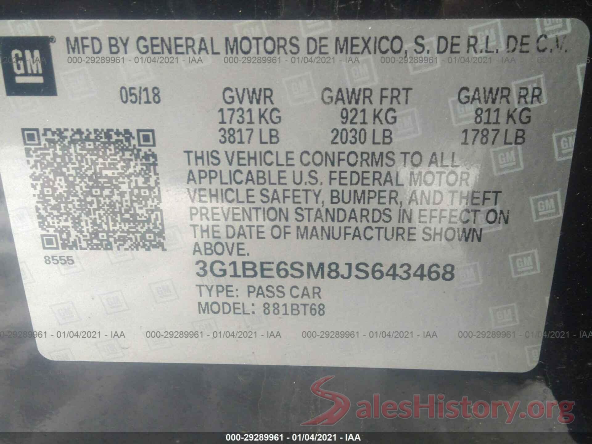 3G1BE6SM8JS643468 2018 CHEVROLET CRUZE