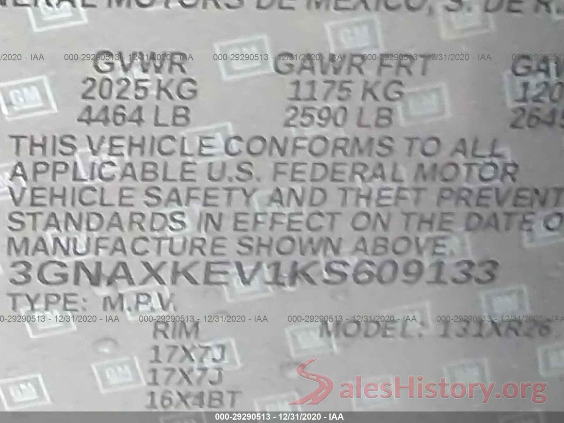 3GNAXKEV1KS609133 2019 CHEVROLET EQUINOX