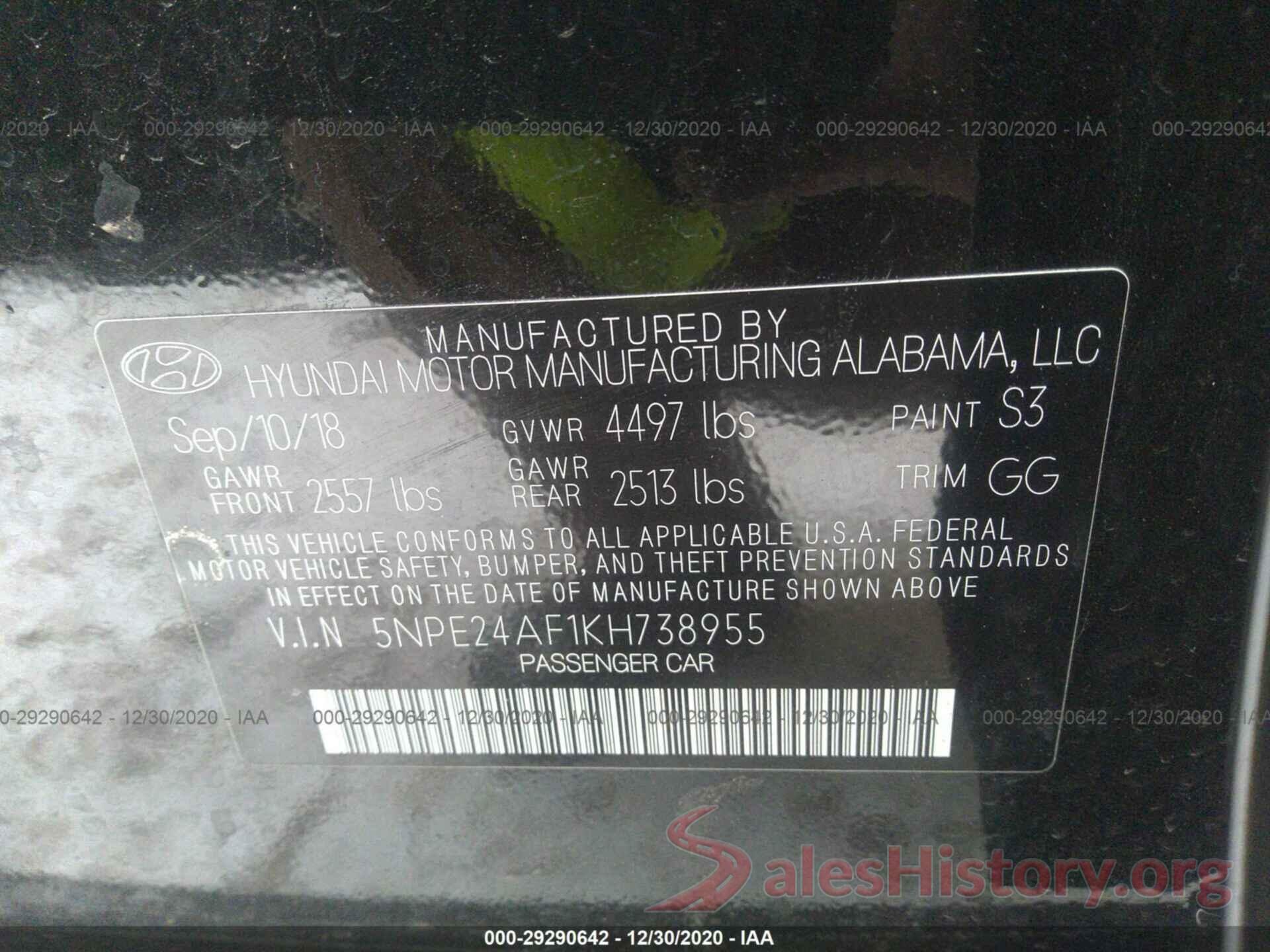 5NPE24AF1KH738955 2019 HYUNDAI SONATA