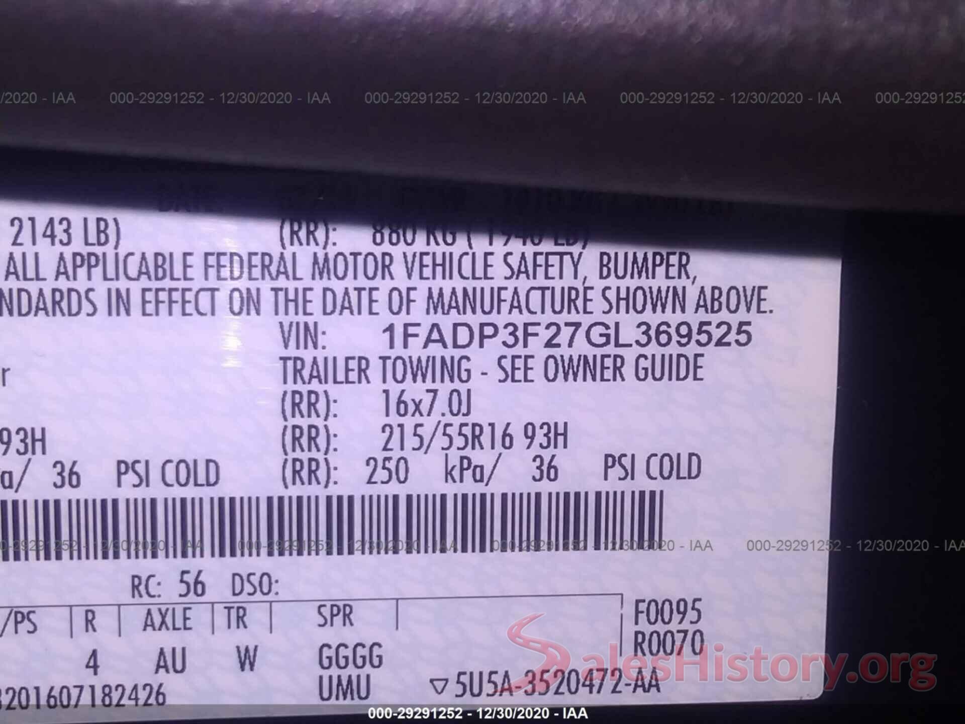 1FADP3F27GL369525 2016 FORD FOCUS