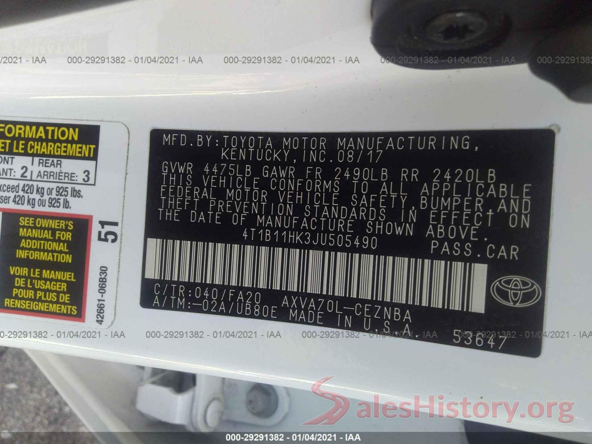 4T1B11HK3JU505490 2018 TOYOTA CAMRY