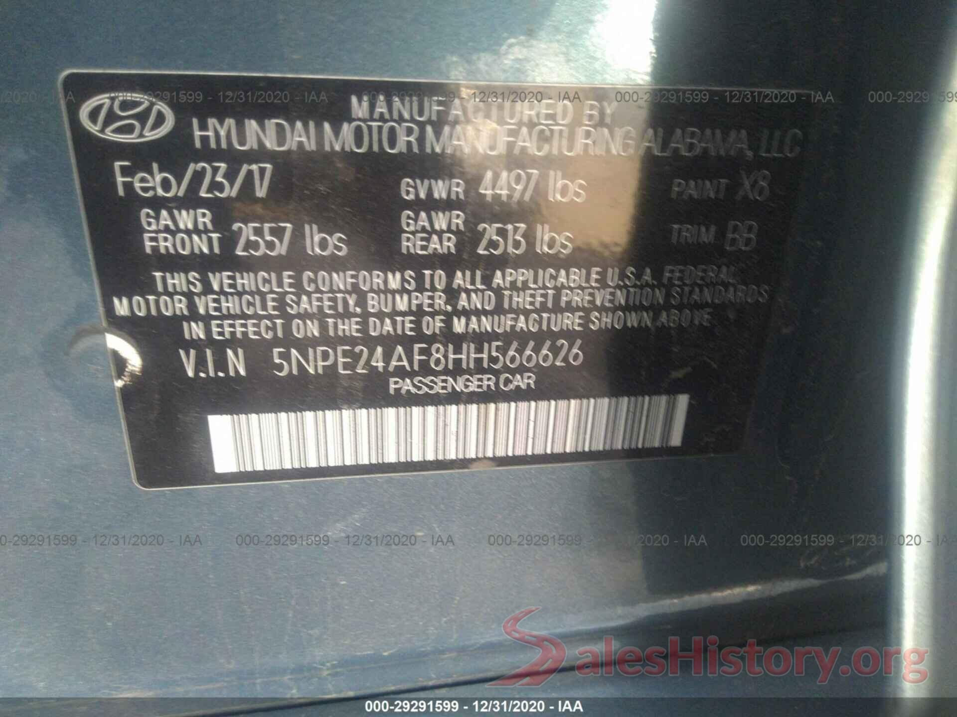 5NPE24AF8HH566626 2017 HYUNDAI SONATA