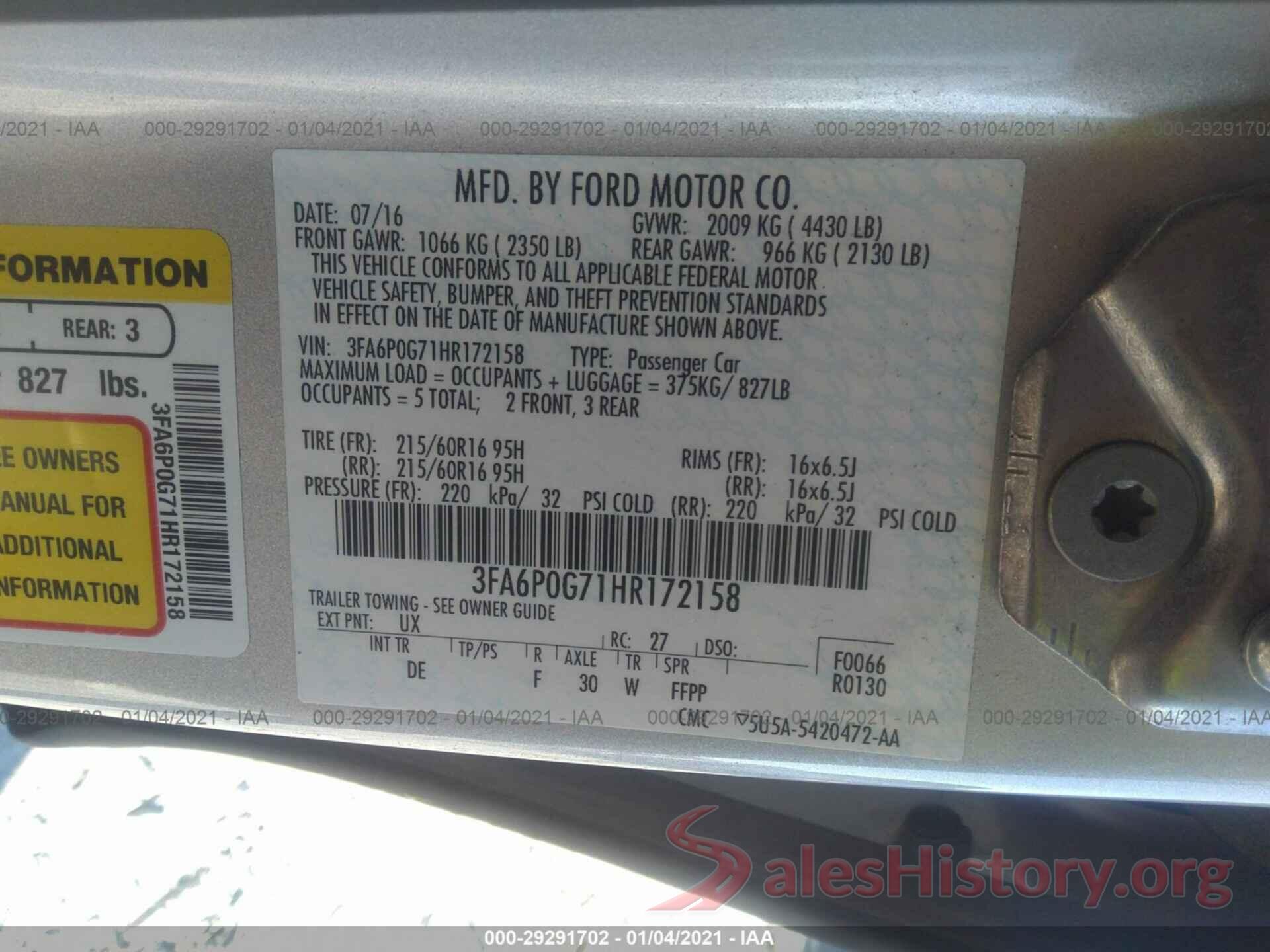 3FA6P0G71HR172158 2017 FORD FUSION