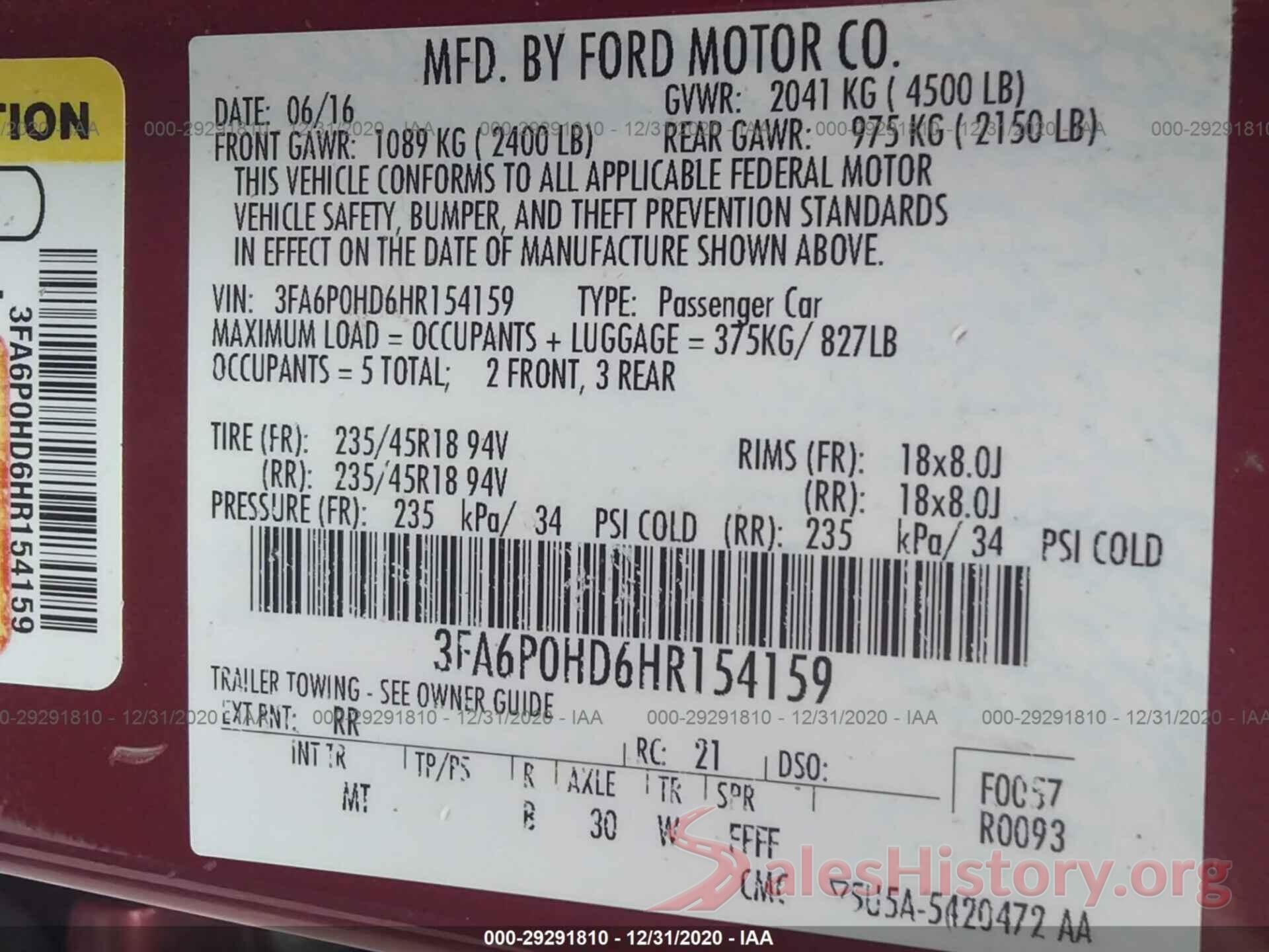 3FA6P0HD6HR154159 2017 FORD FUSION