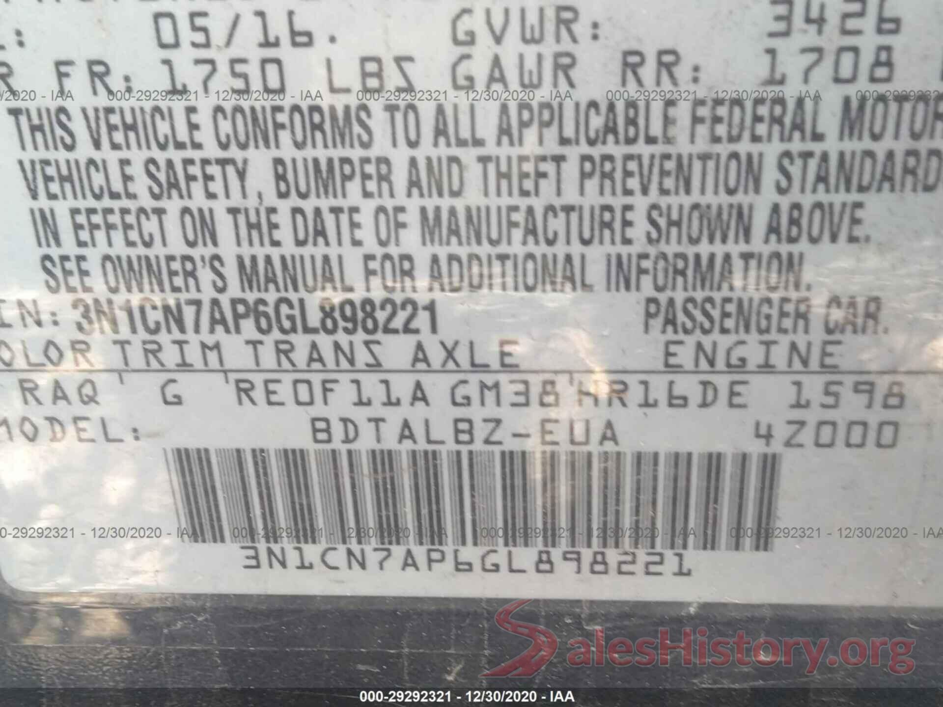 3N1CN7AP6GL898221 2016 NISSAN VERSA