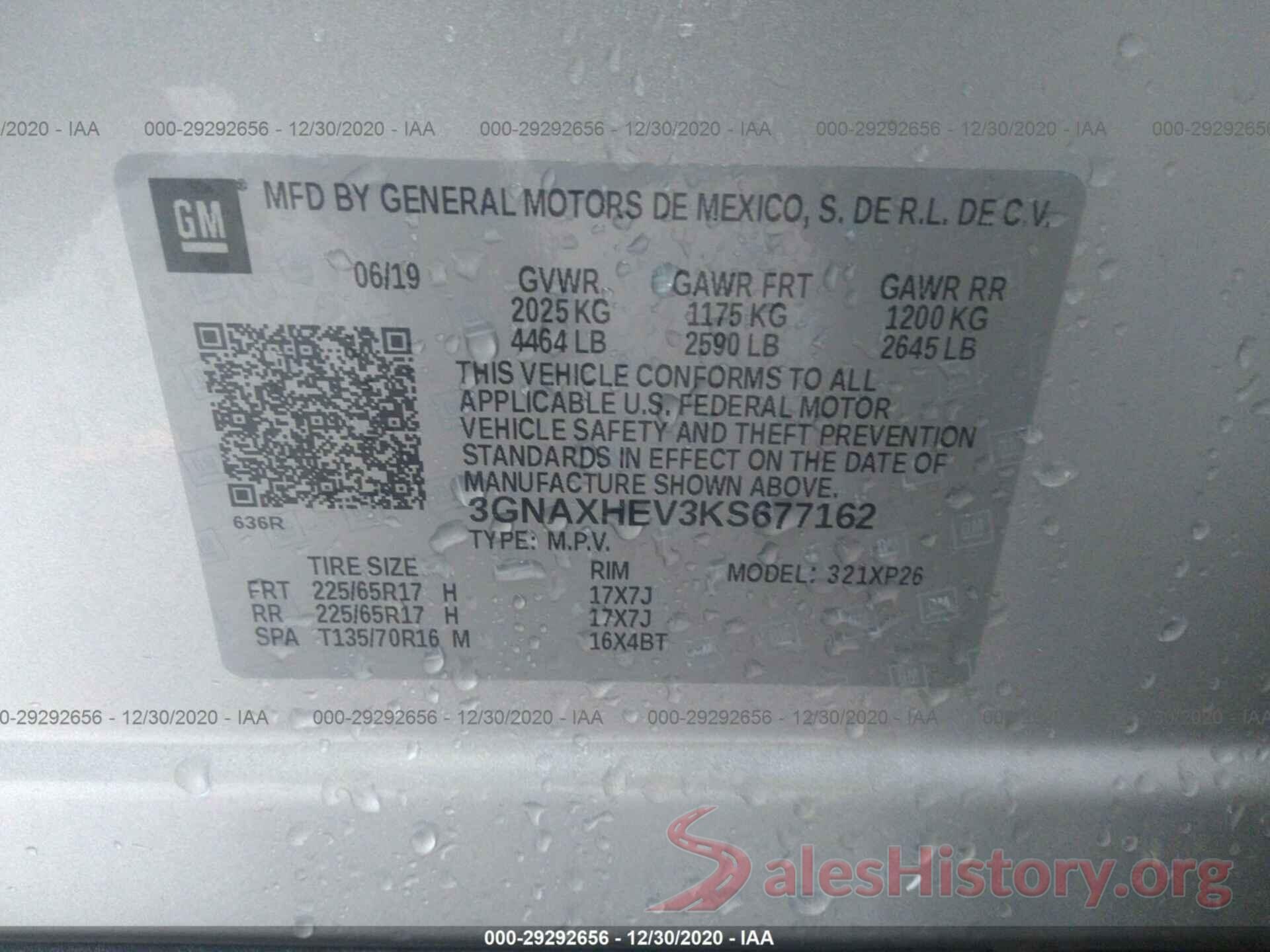 3GNAXHEV3KS677162 2019 CHEVROLET EQUINOX