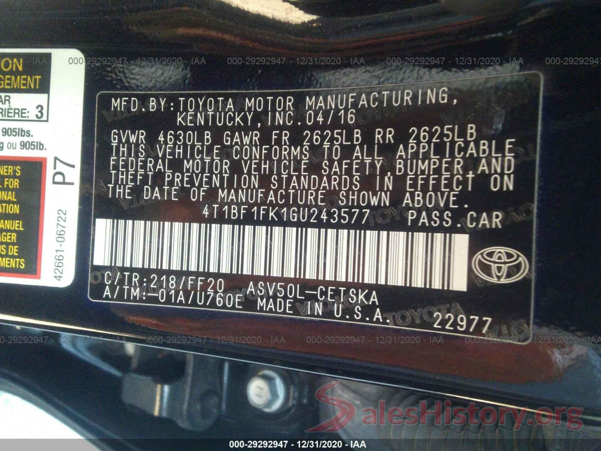 4T1BF1FK1GU243577 2016 TOYOTA CAMRY