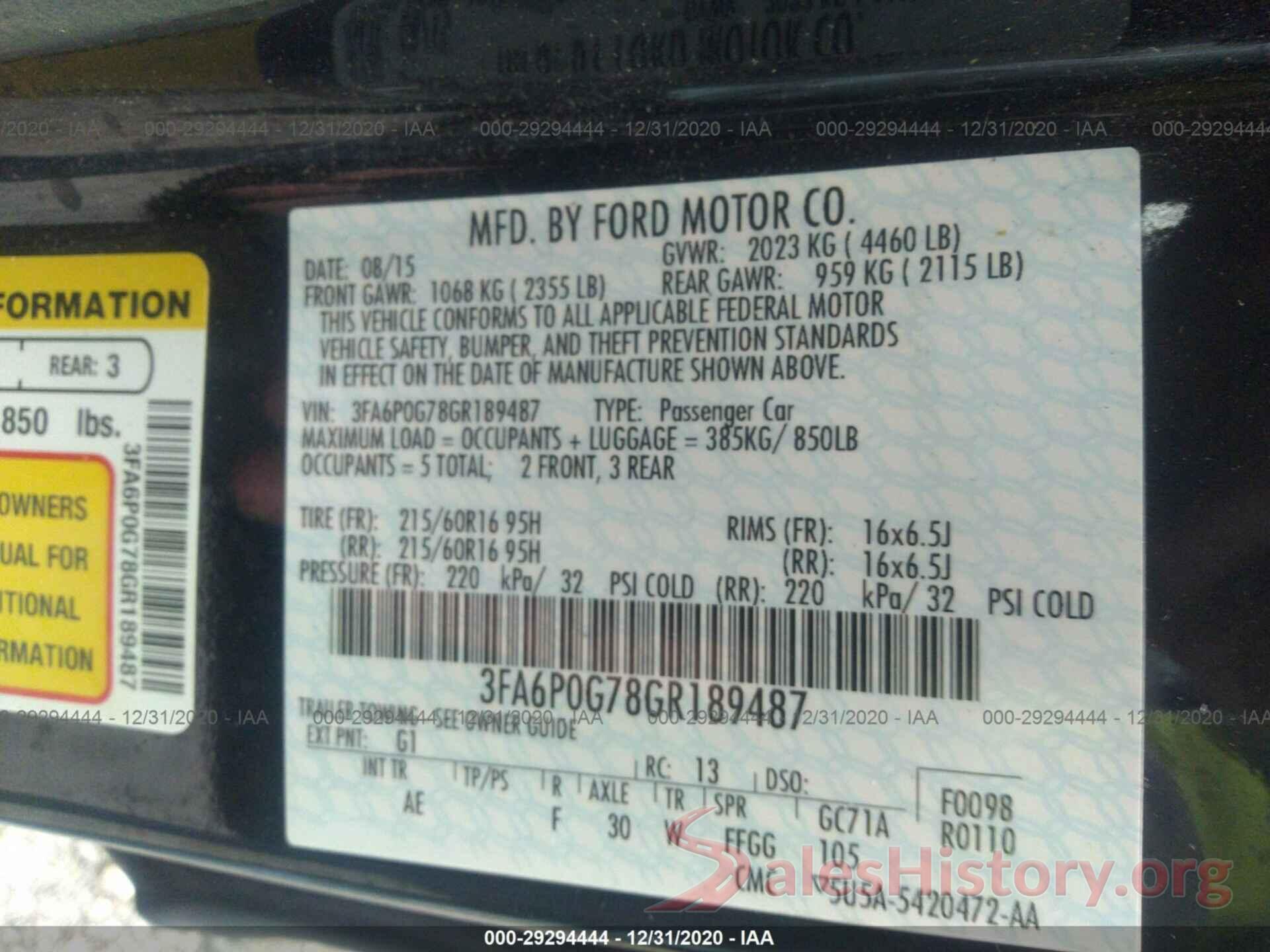 3FA6P0G78GR189487 2016 FORD FUSION