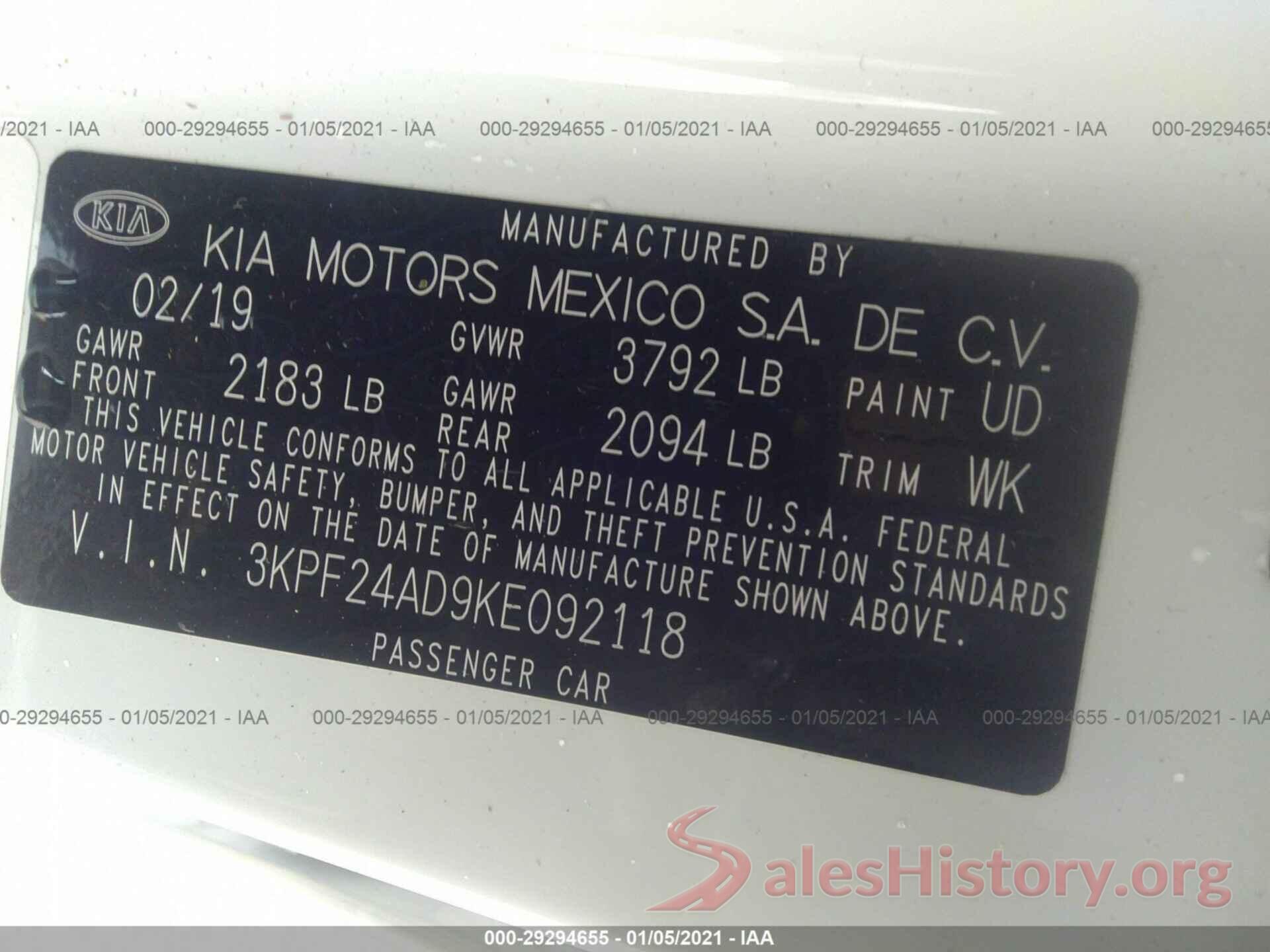 3KPF24AD9KE092118 2019 KIA FORTE