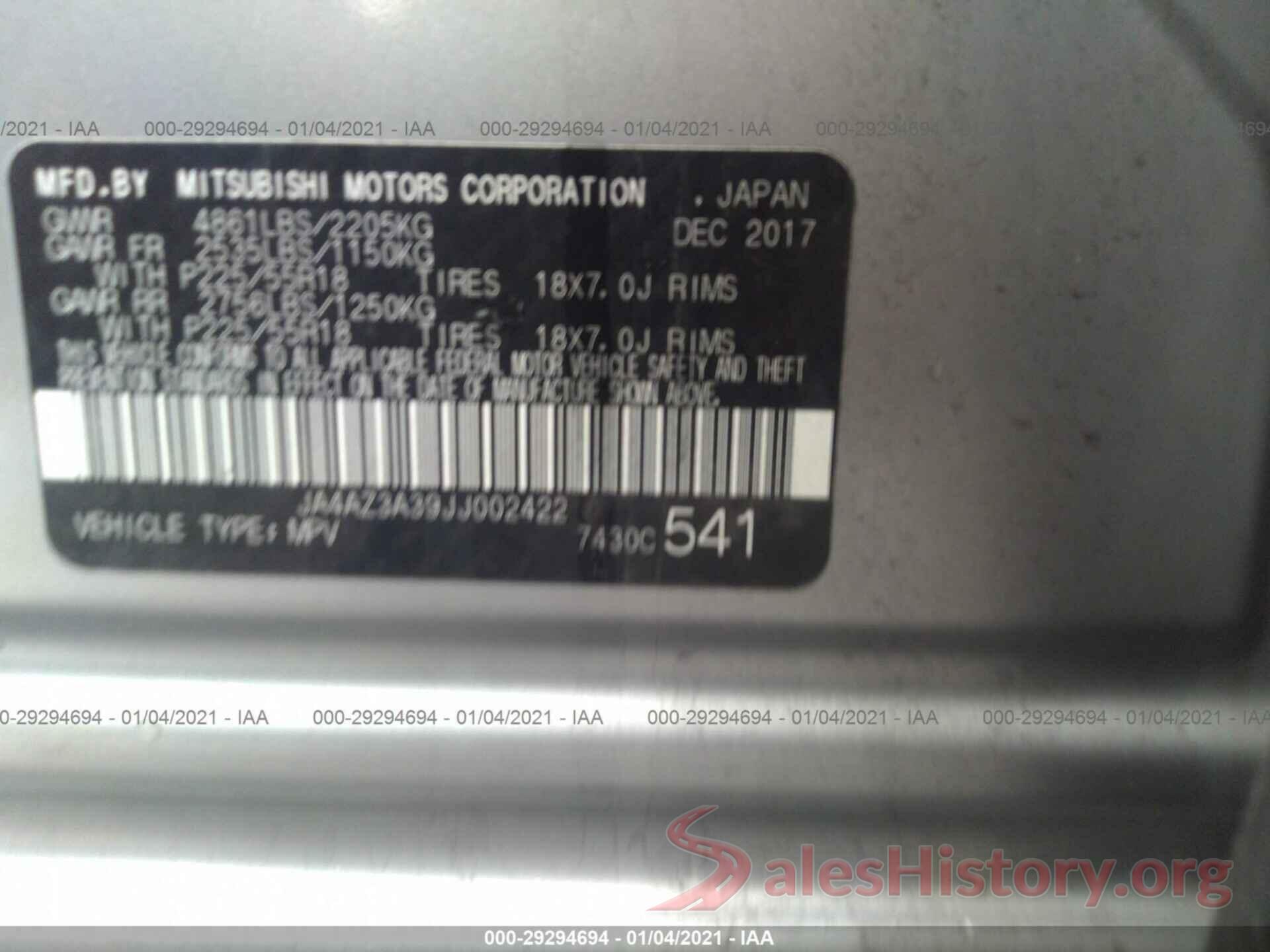 JA4AZ3A39JJ002422 2018 MITSUBISHI OUTLANDER