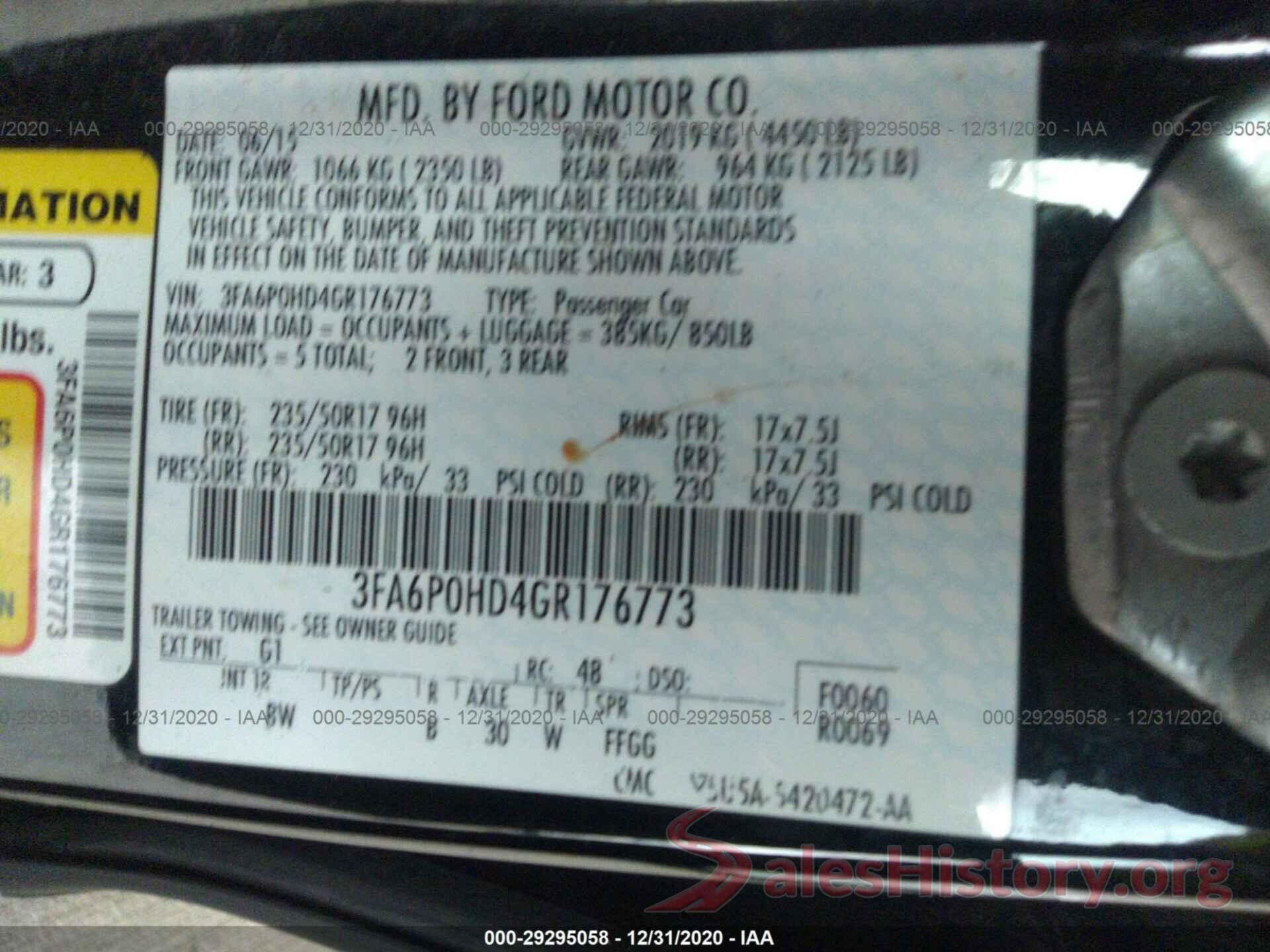 3FA6P0HD4GR176773 2016 FORD FUSION