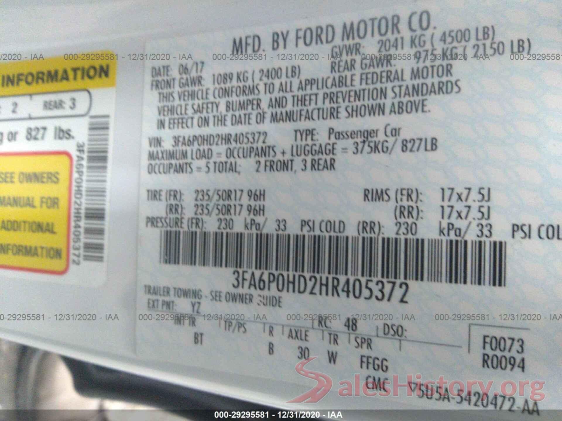 3FA6P0HD2HR405372 2017 FORD FUSION