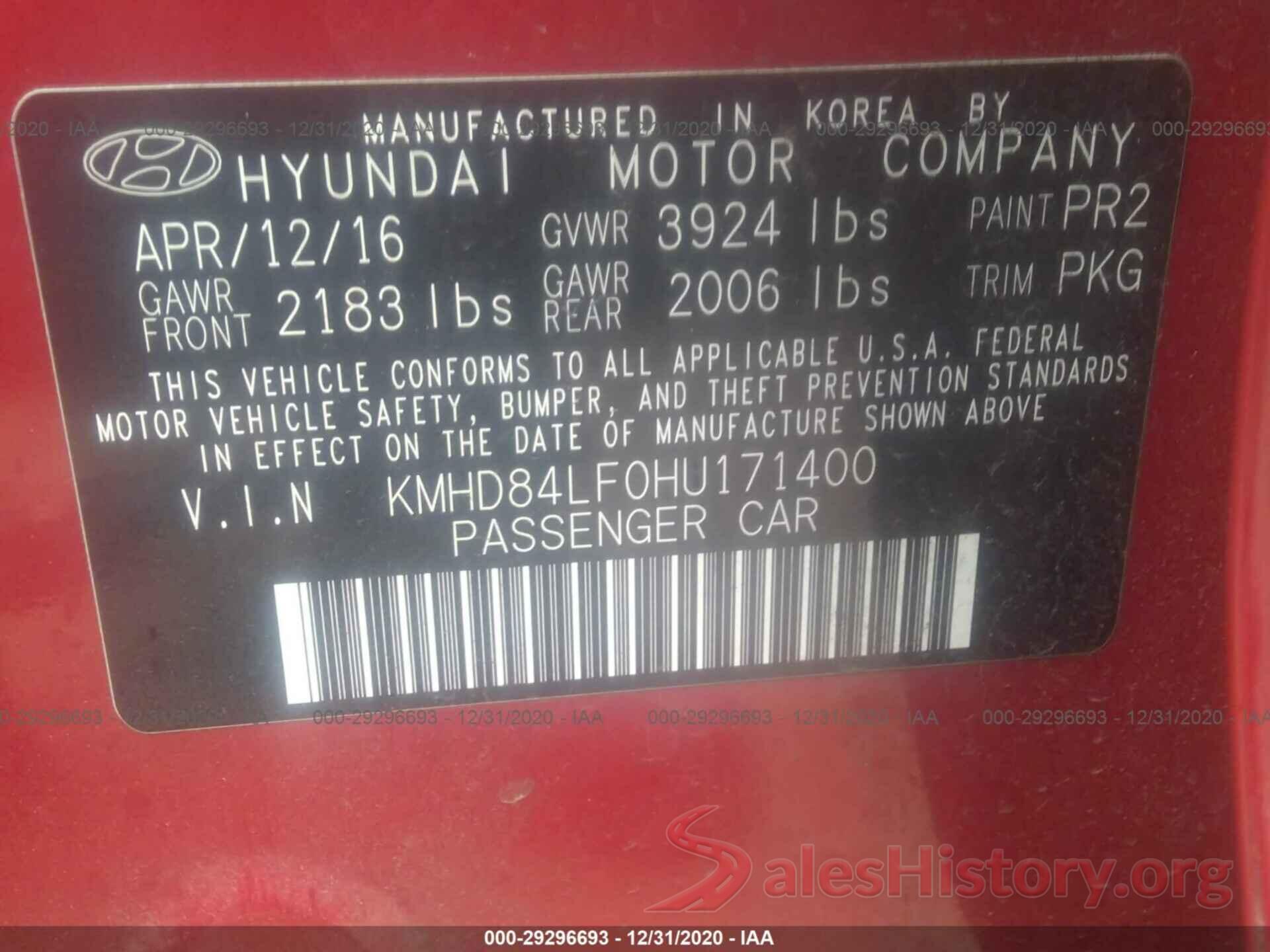 KMHD84LF0HU171400 2017 HYUNDAI ELANTRA