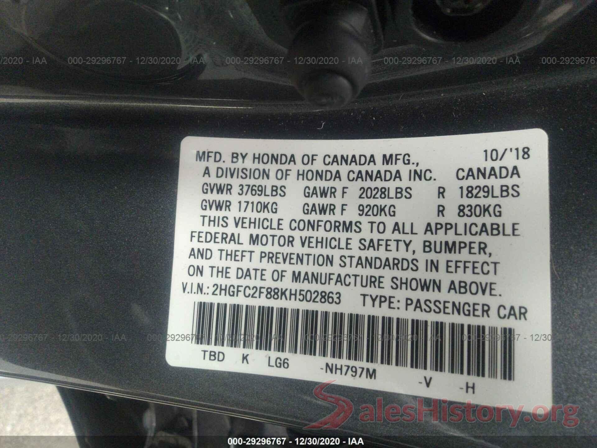 2HGFC2F88KH502863 2019 HONDA CIVIC SEDAN