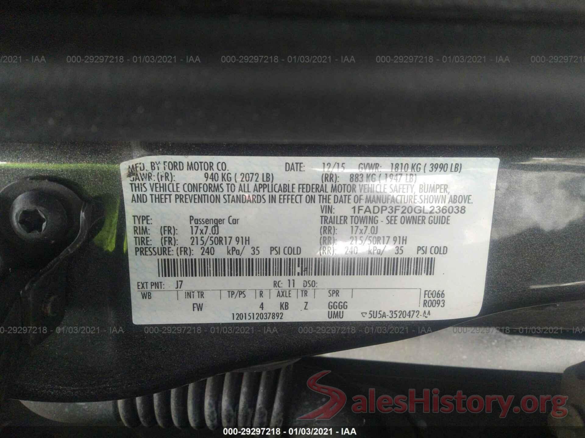 1FADP3F20GL236038 2016 FORD FOCUS