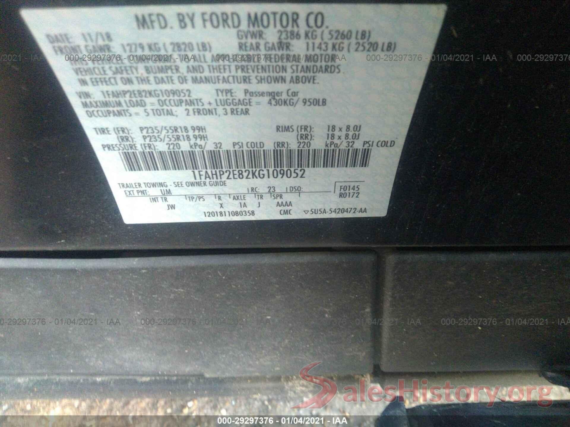 1FAHP2E82KG109052 2019 FORD TAURUS