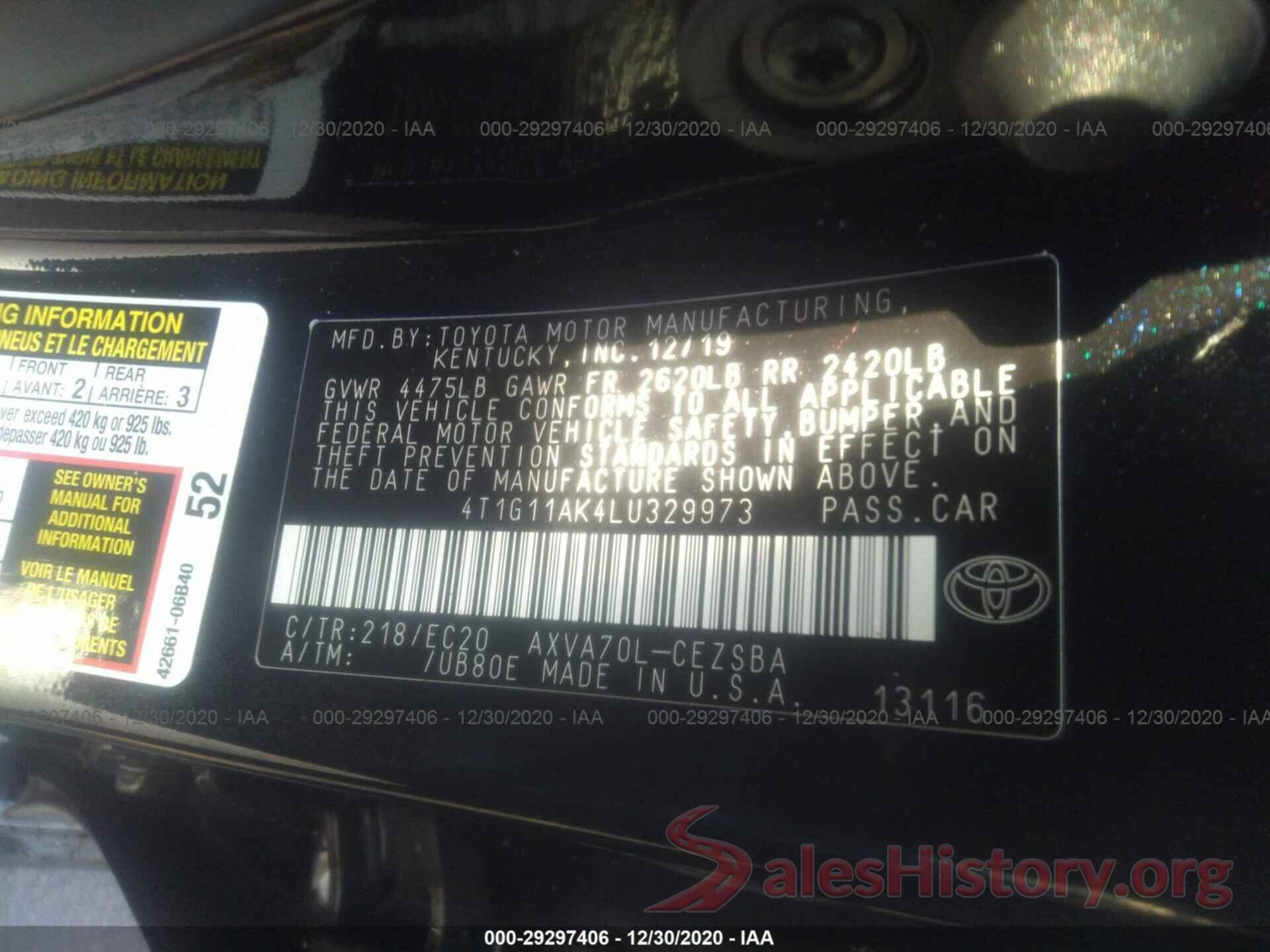 4T1G11AK4LU329973 2020 TOYOTA CAMRY