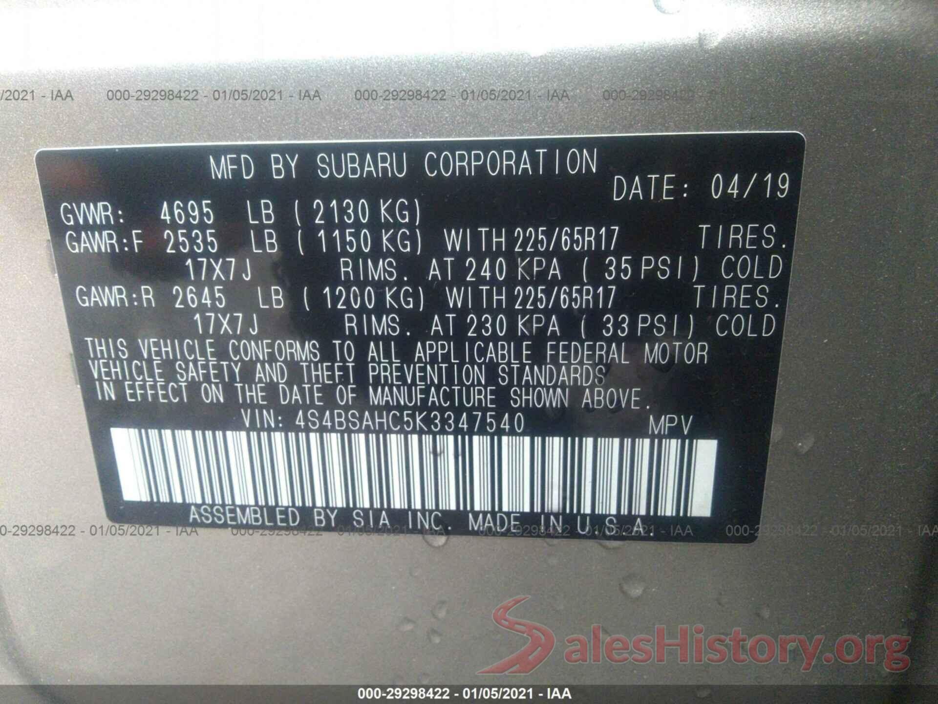 4S4BSAHC5K3347540 2019 SUBARU OUTBACK