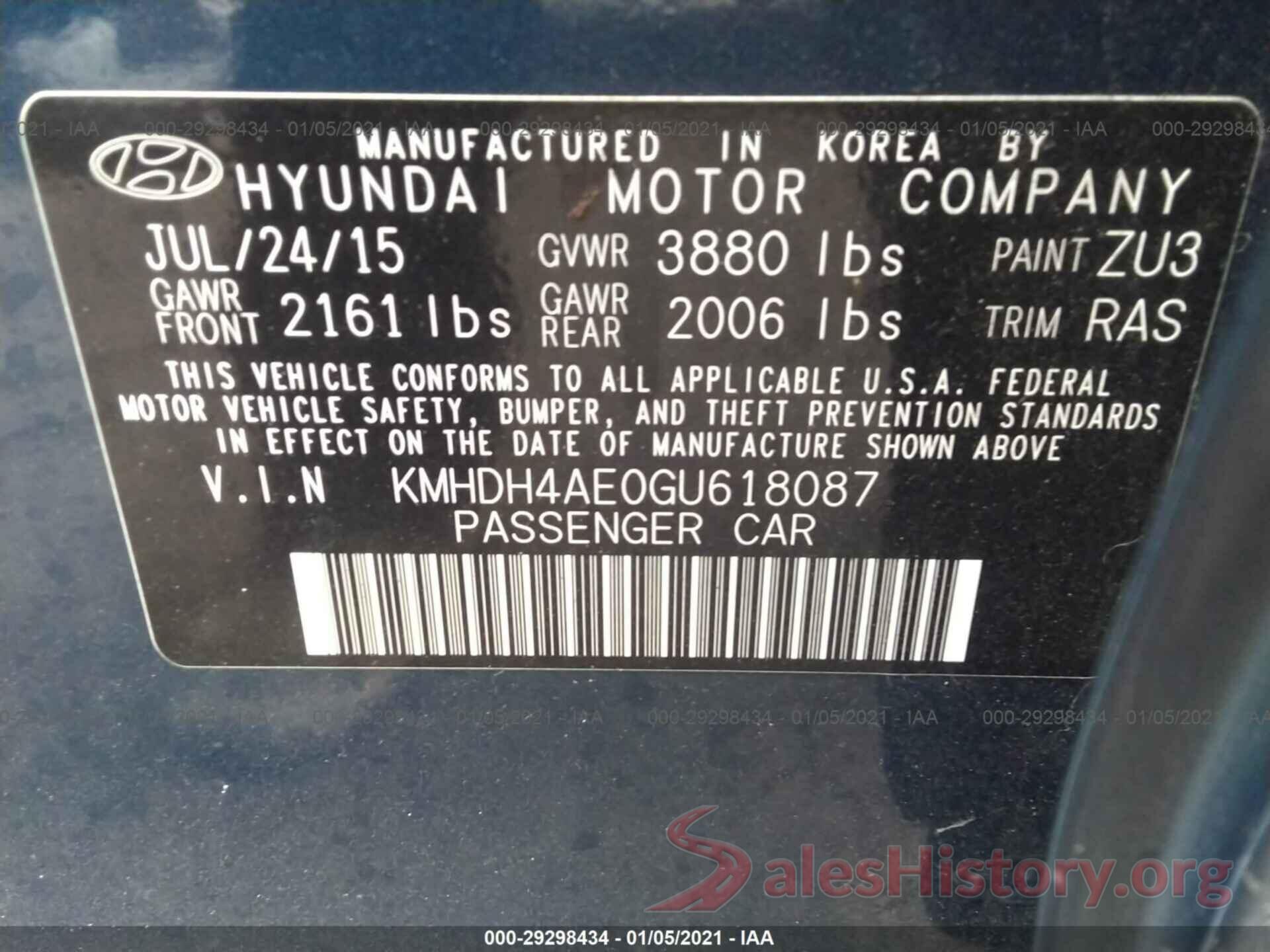 KMHDH4AE0GU618087 2016 HYUNDAI ELANTRA