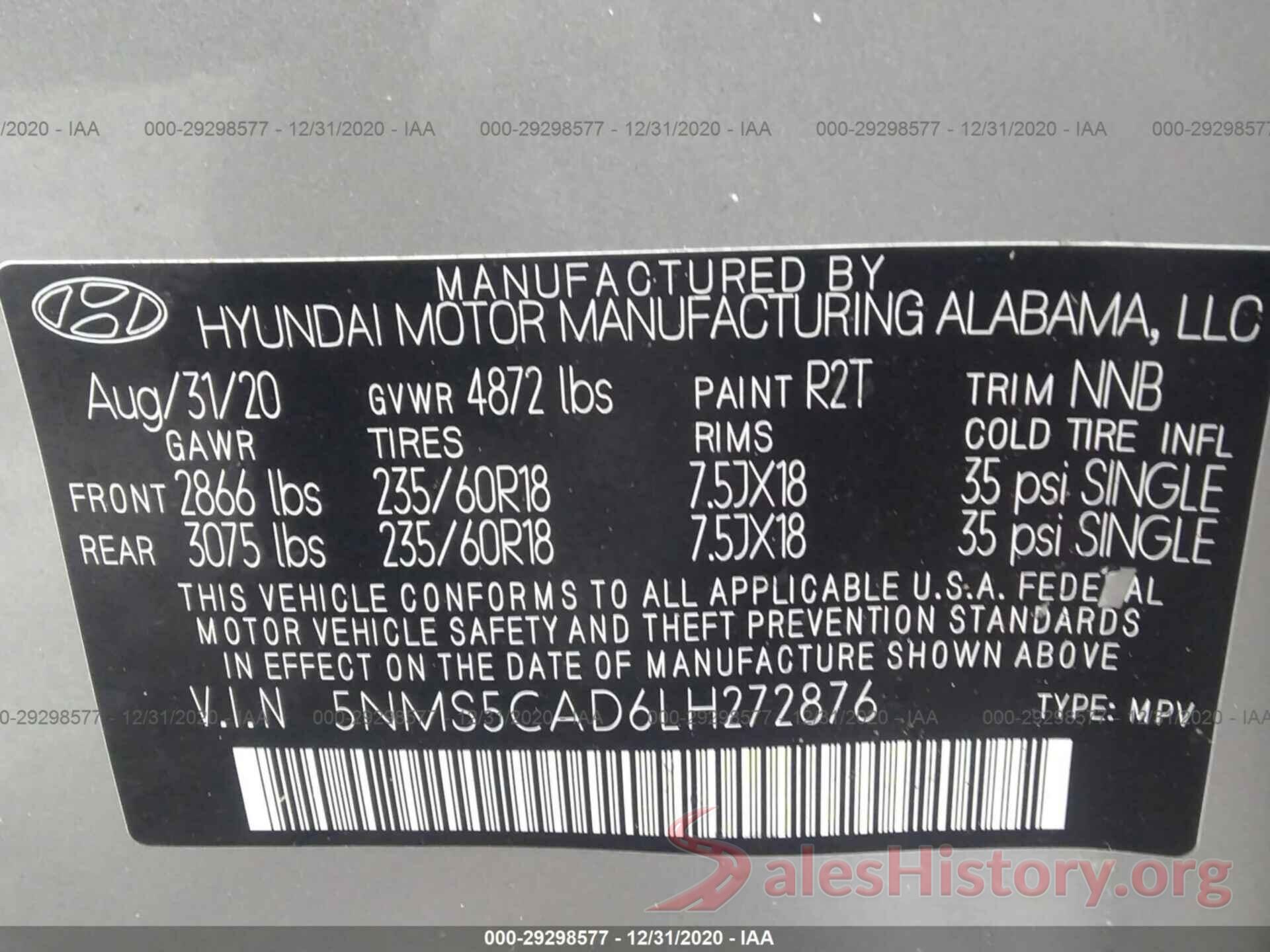 5NMS5CAD6LH272876 2020 HYUNDAI SANTA FE