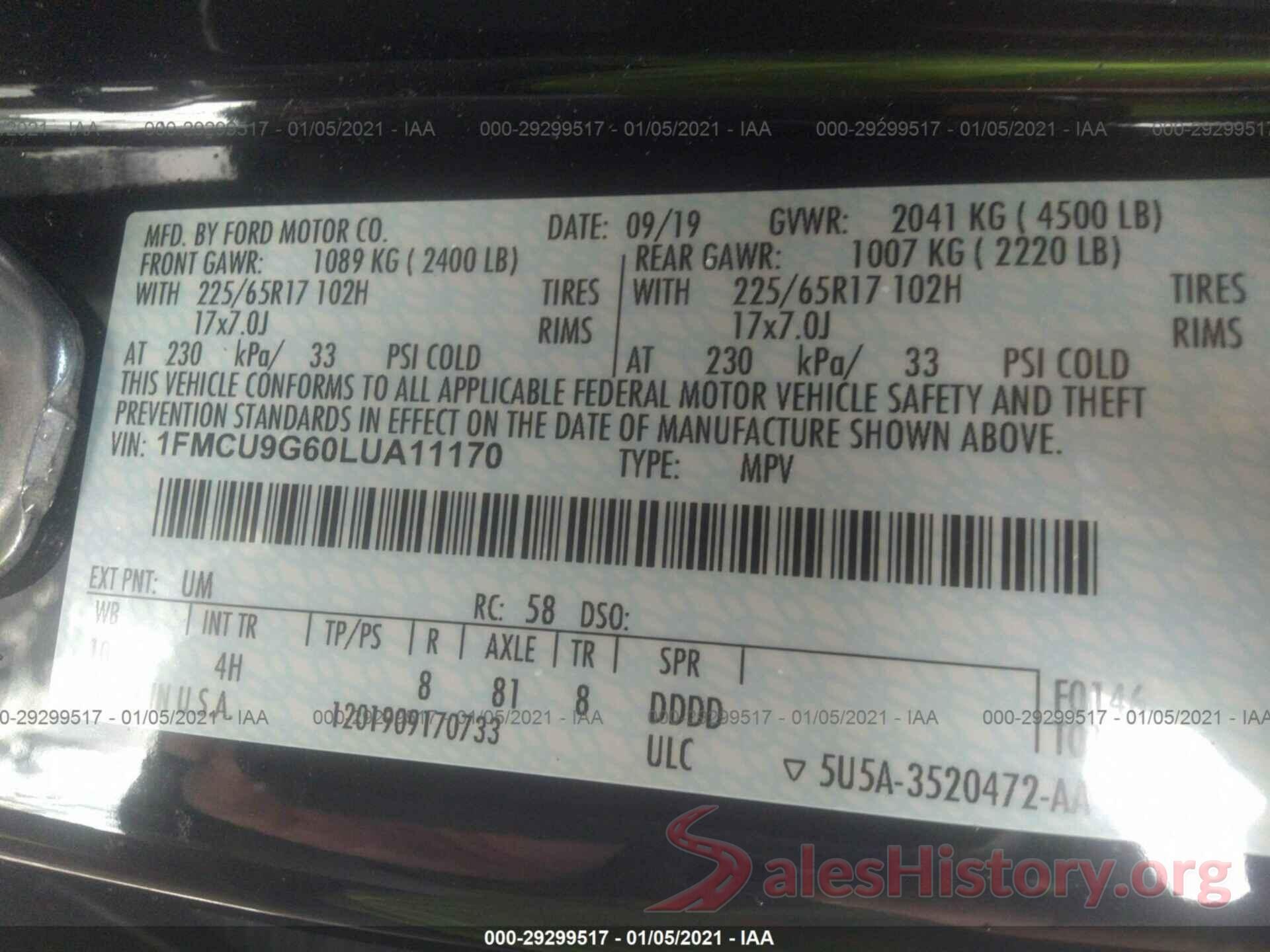 1FMCU9G60LUA11170 2020 FORD ESCAPE