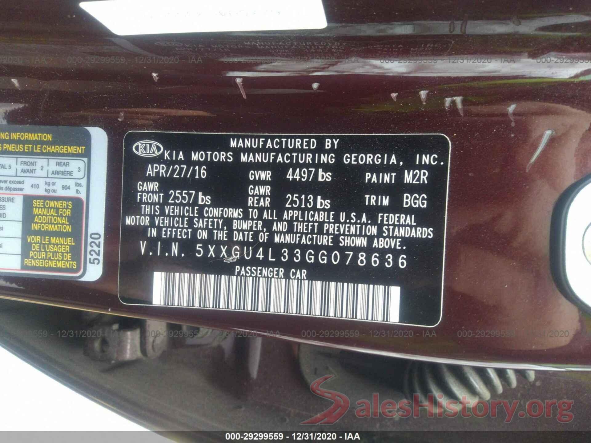 5XXGU4L33GG078636 2016 KIA OPTIMA