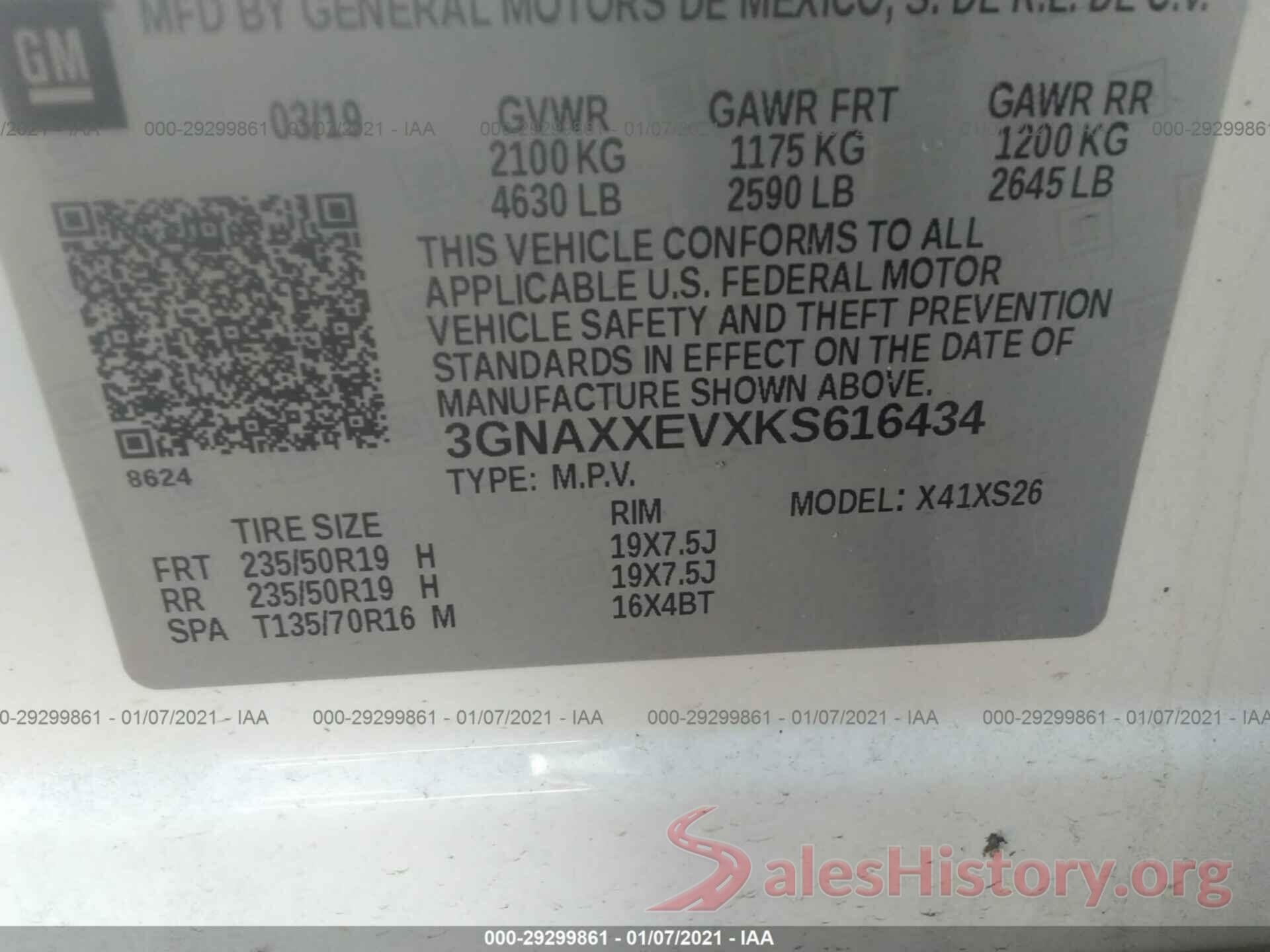 3GNAXXEVXKS616434 2019 CHEVROLET EQUINOX