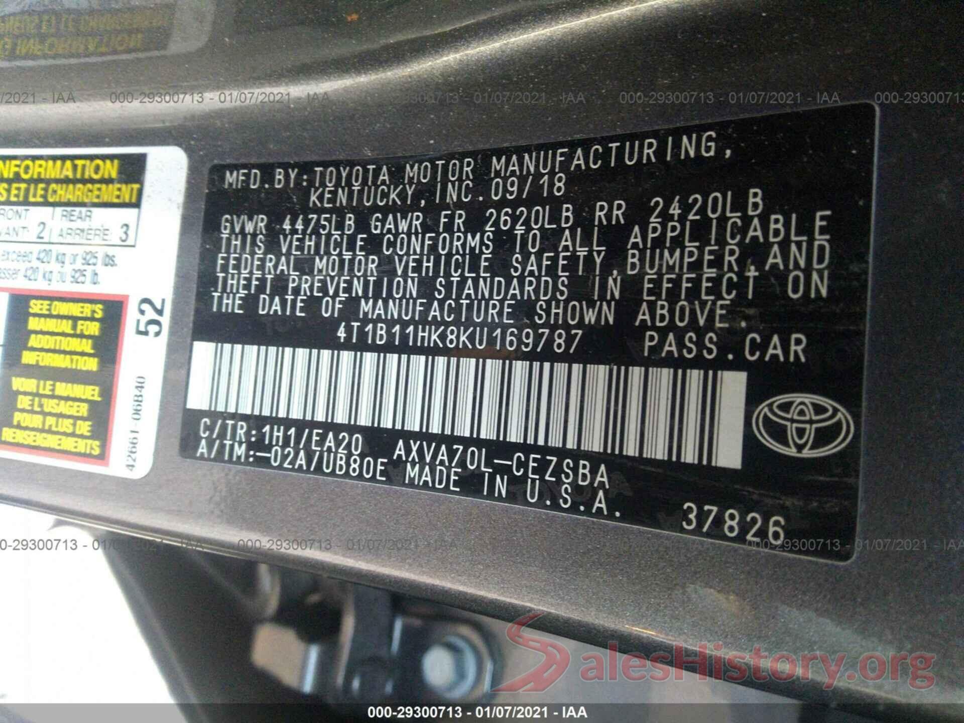 4T1B11HK8KU169787 2019 TOYOTA CAMRY