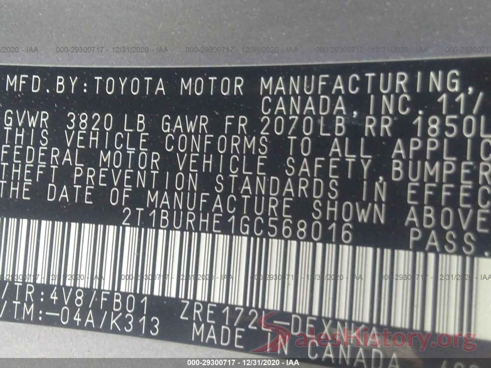 2T1BURHE1GC568016 2016 TOYOTA COROLLA