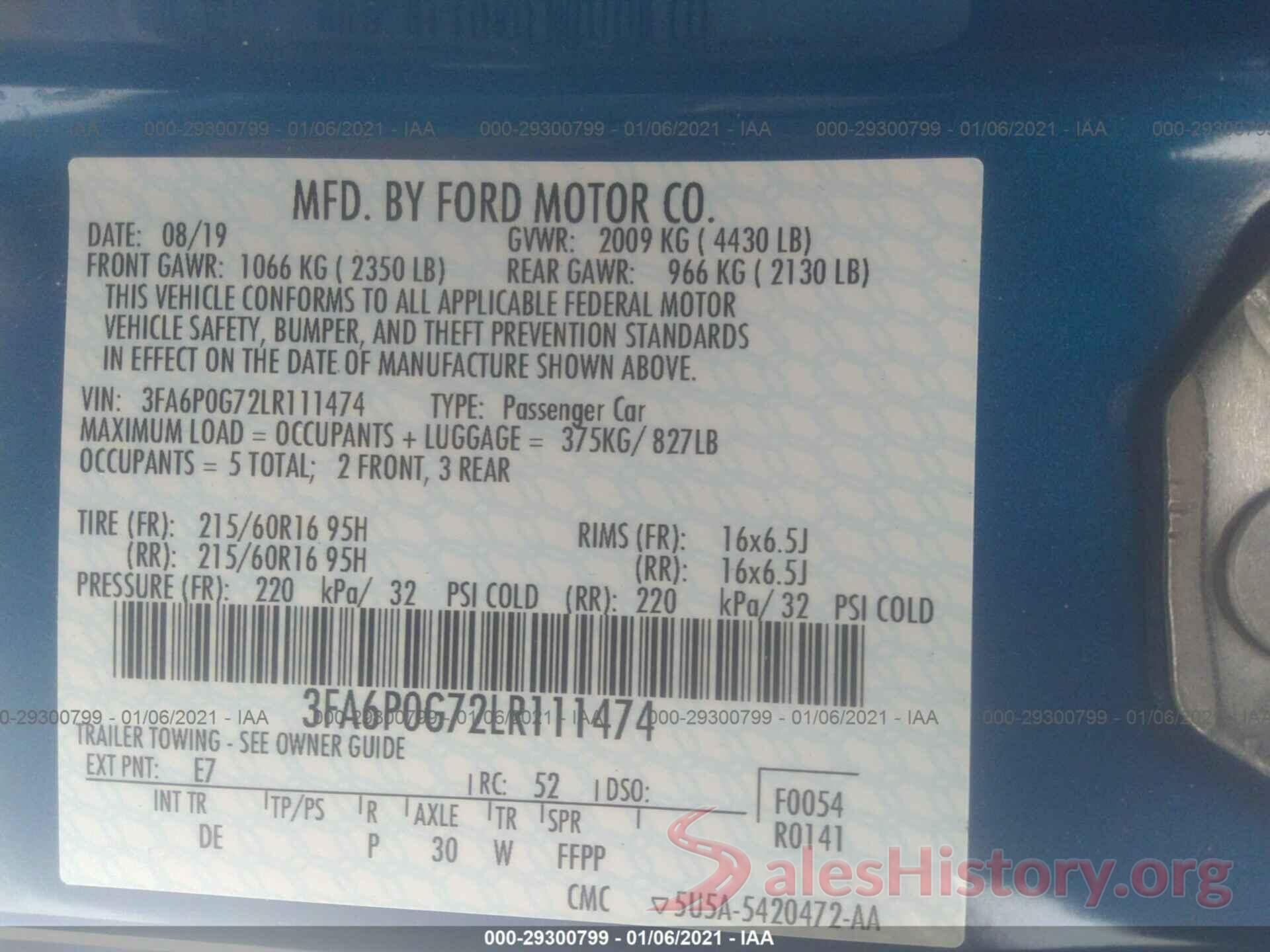 3FA6P0G72LR111474 2020 FORD FUSION