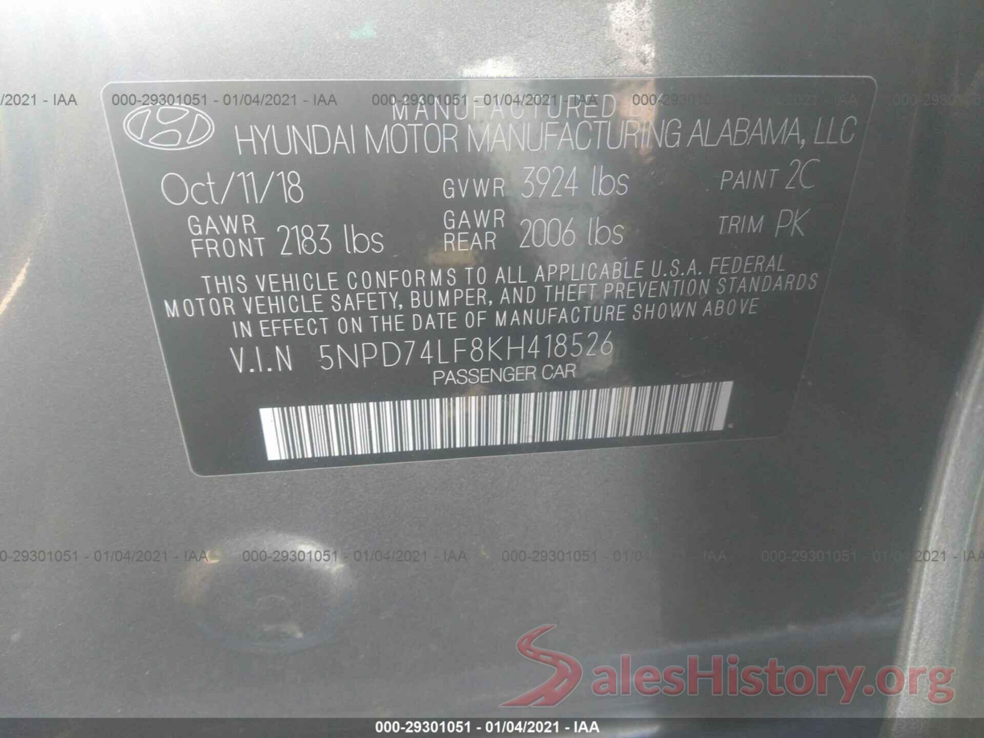 5NPD74LF8KH418526 2019 HYUNDAI ELANTRA