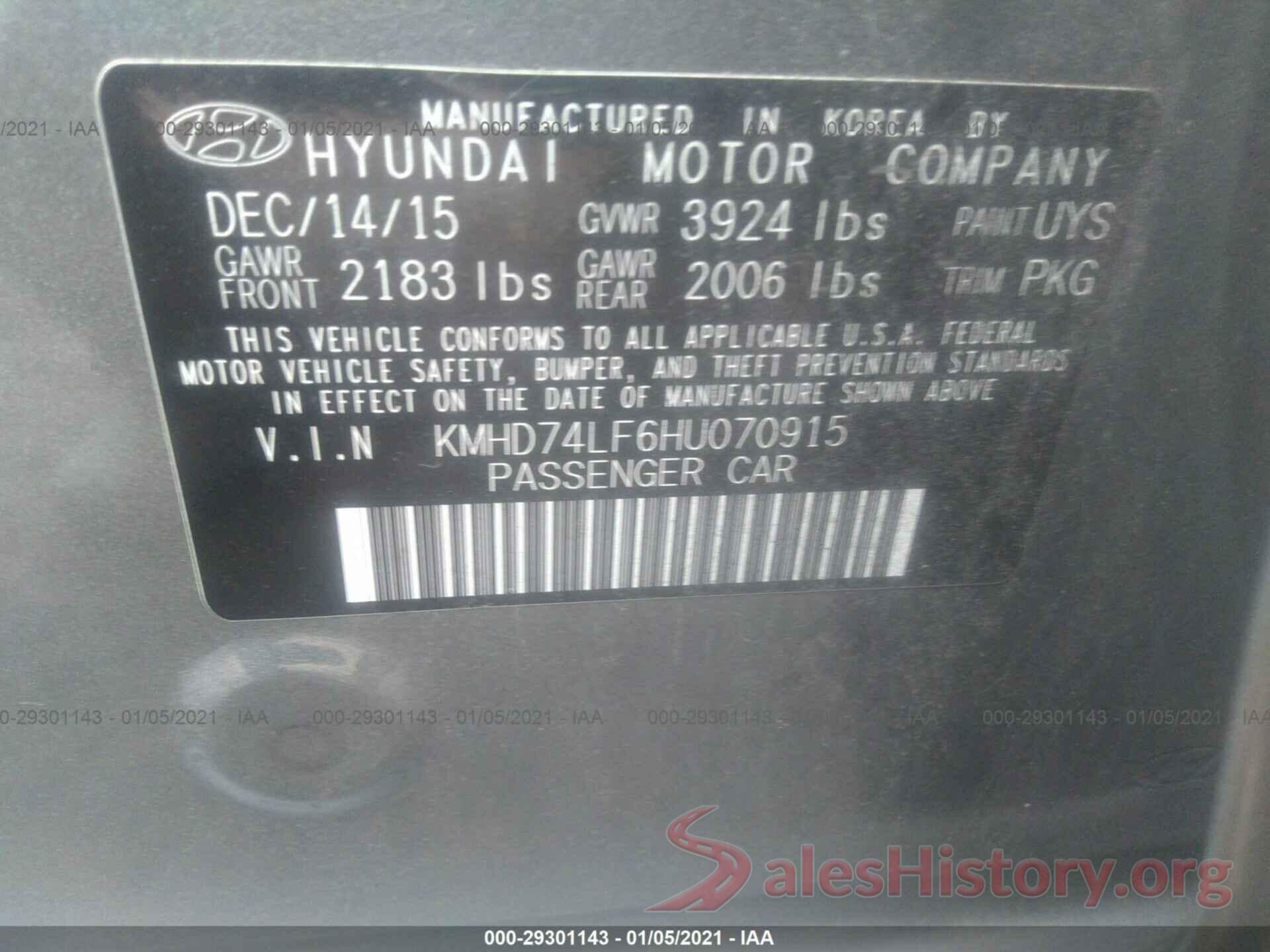 KMHD74LF6HU070915 2017 HYUNDAI ELANTRA