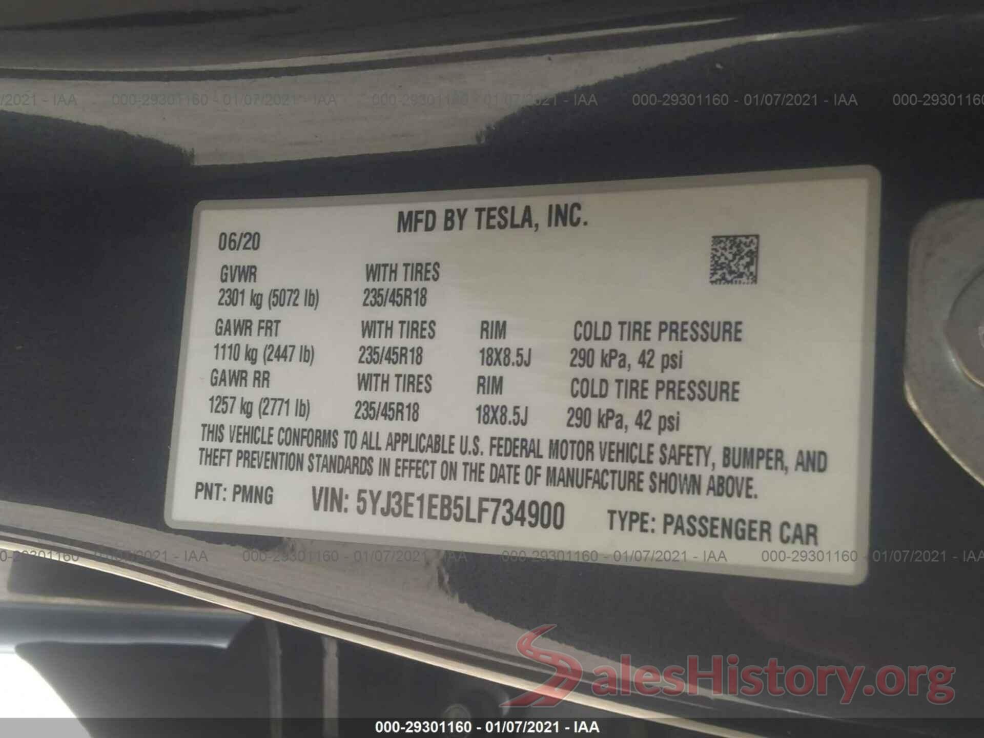 5YJ3E1EB5LF734900 2020 TESLA MODEL 3