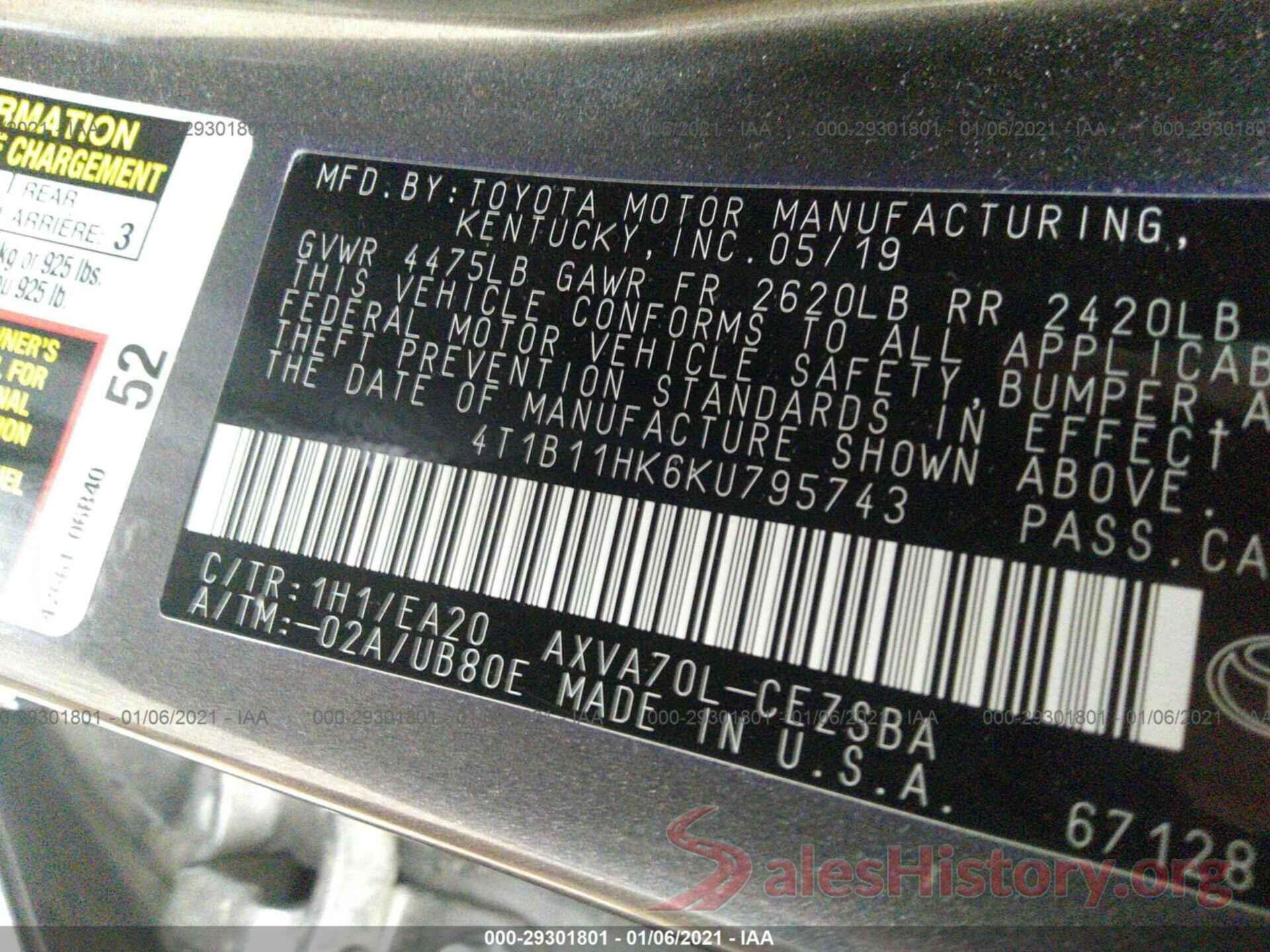 4T1B11HK6KU795743 2019 TOYOTA CAMRY