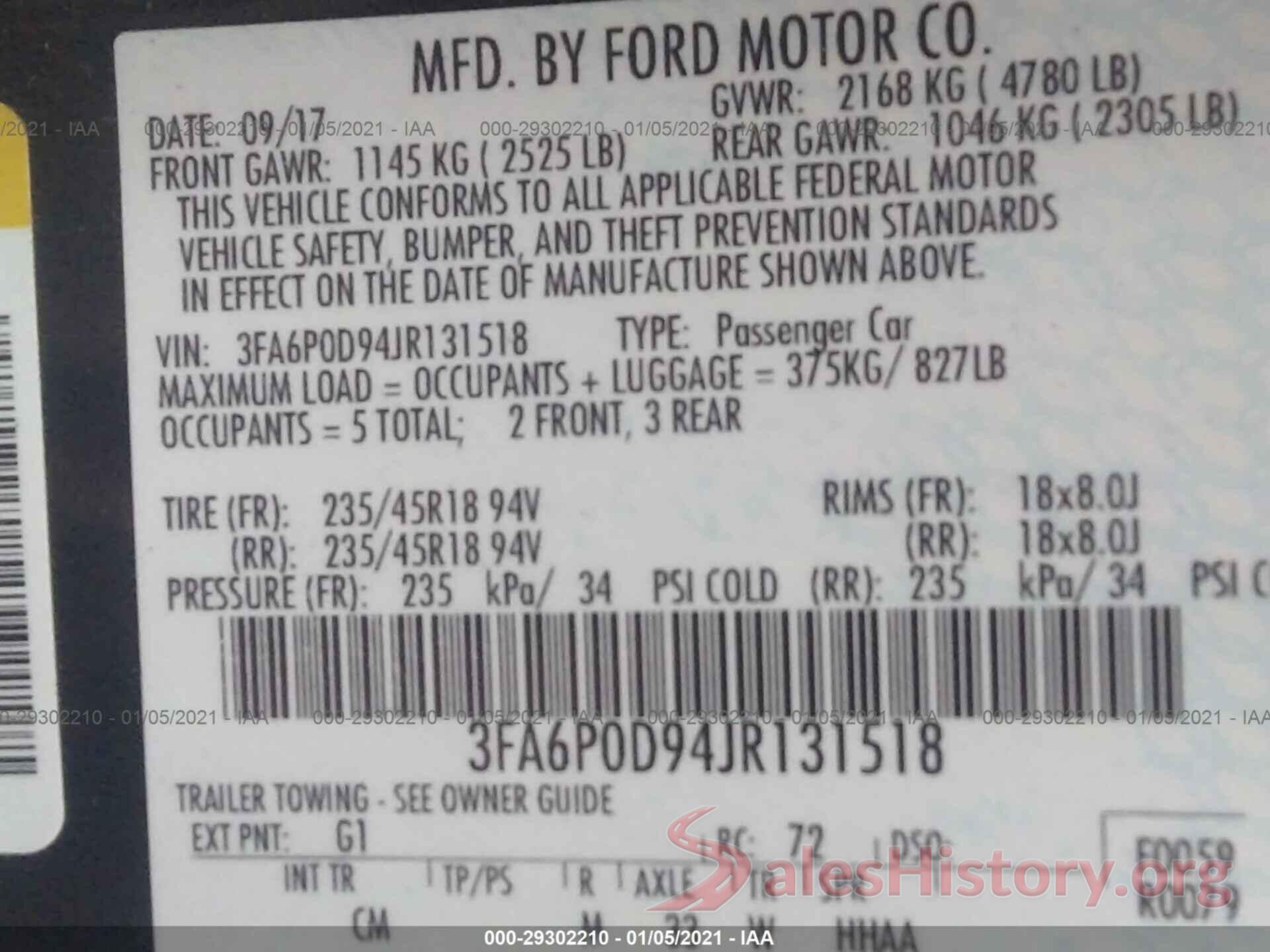 3FA6P0D94JR131518 2018 FORD FUSION