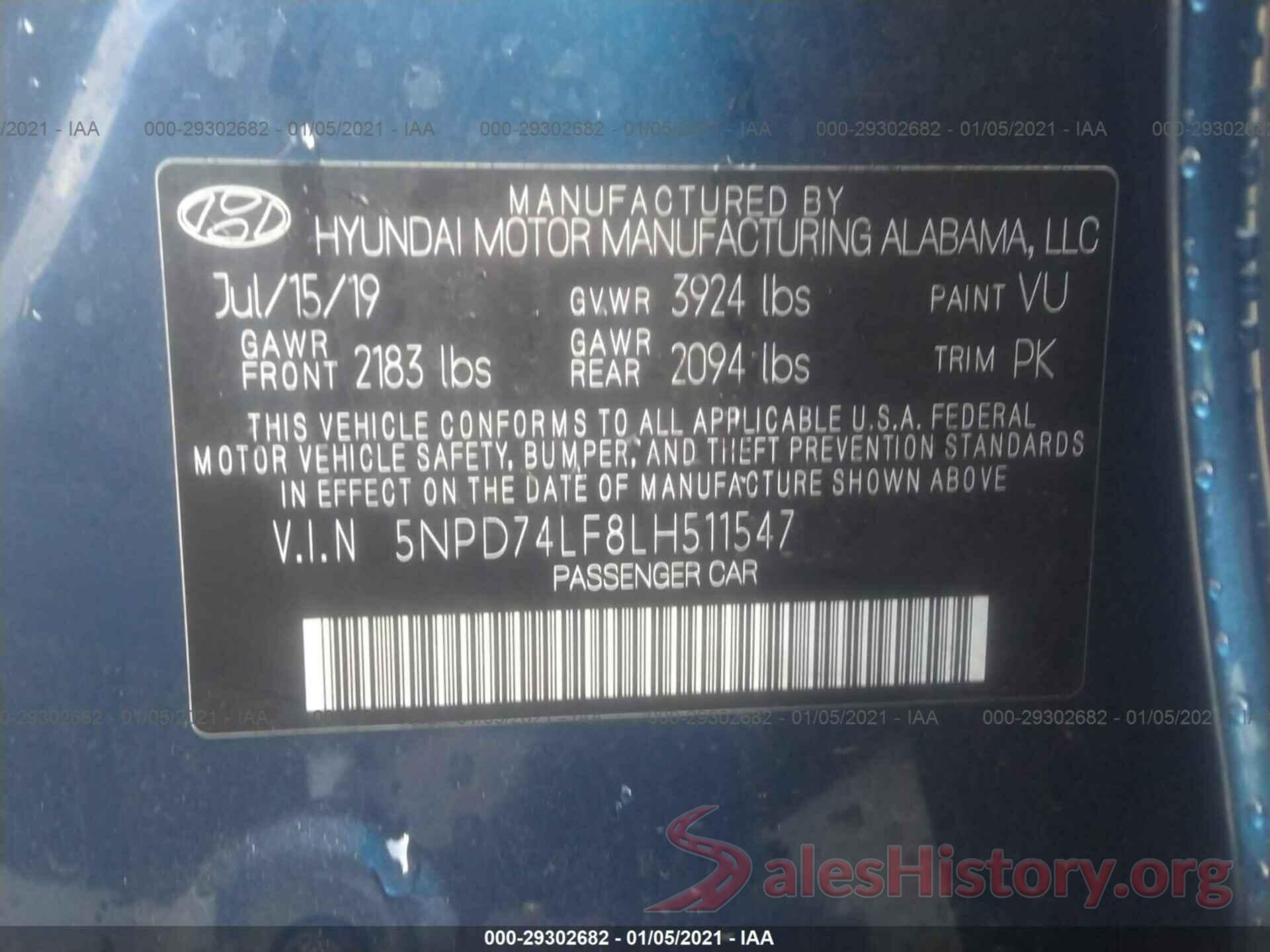 5NPD74LF8LH511547 2020 HYUNDAI ELANTRA