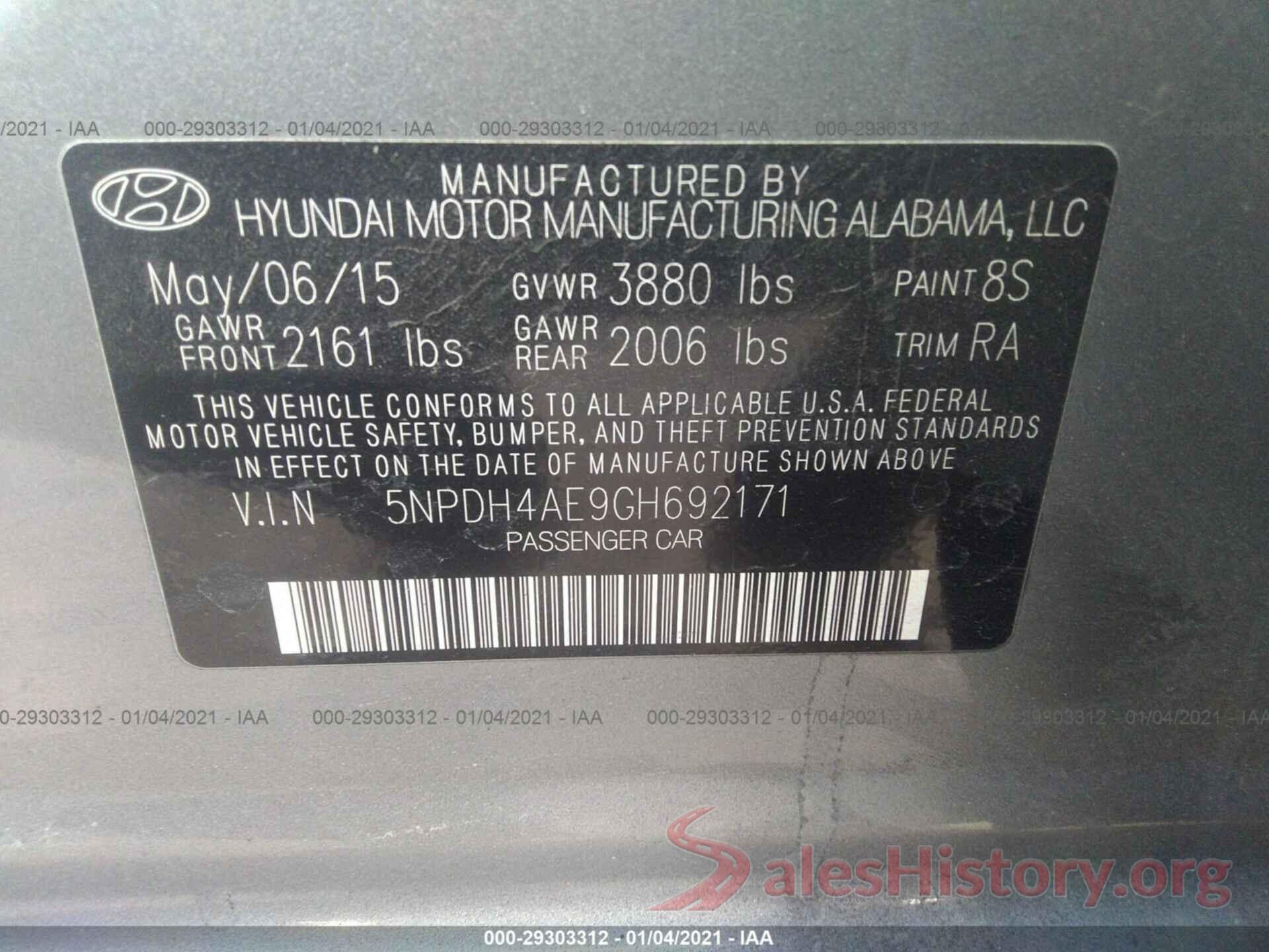 5NPDH4AE9GH692171 2016 HYUNDAI ELANTRA