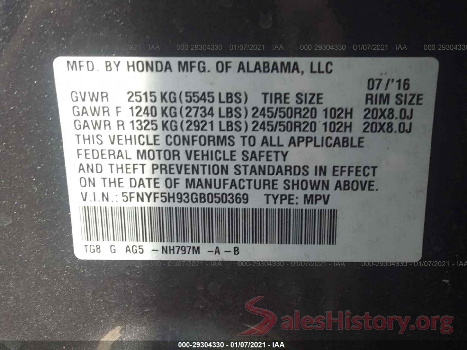 5FNYF5H93GB050369 2016 HONDA PILOT