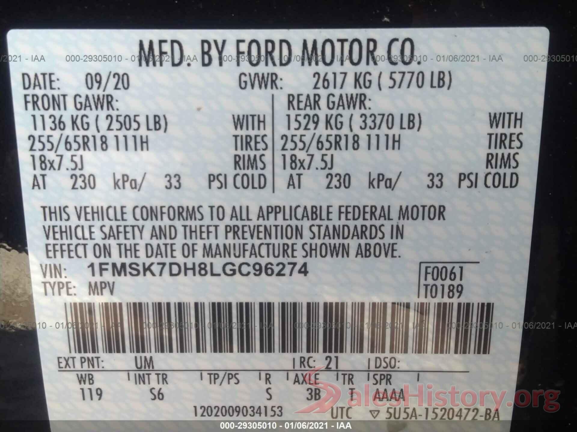 1FMSK7DH8LGC96274 2020 FORD EXPLORER