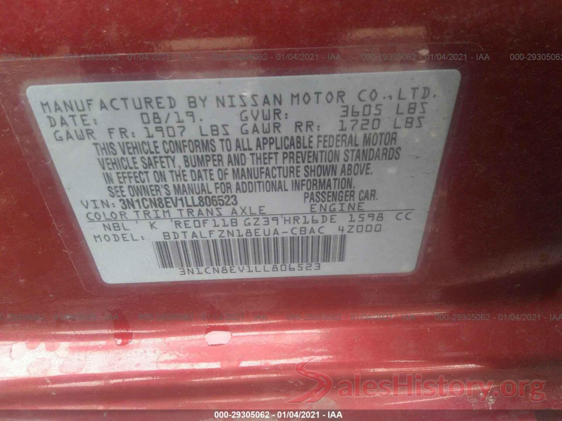 3N1CN8EV1LL806523 2020 NISSAN VERSA