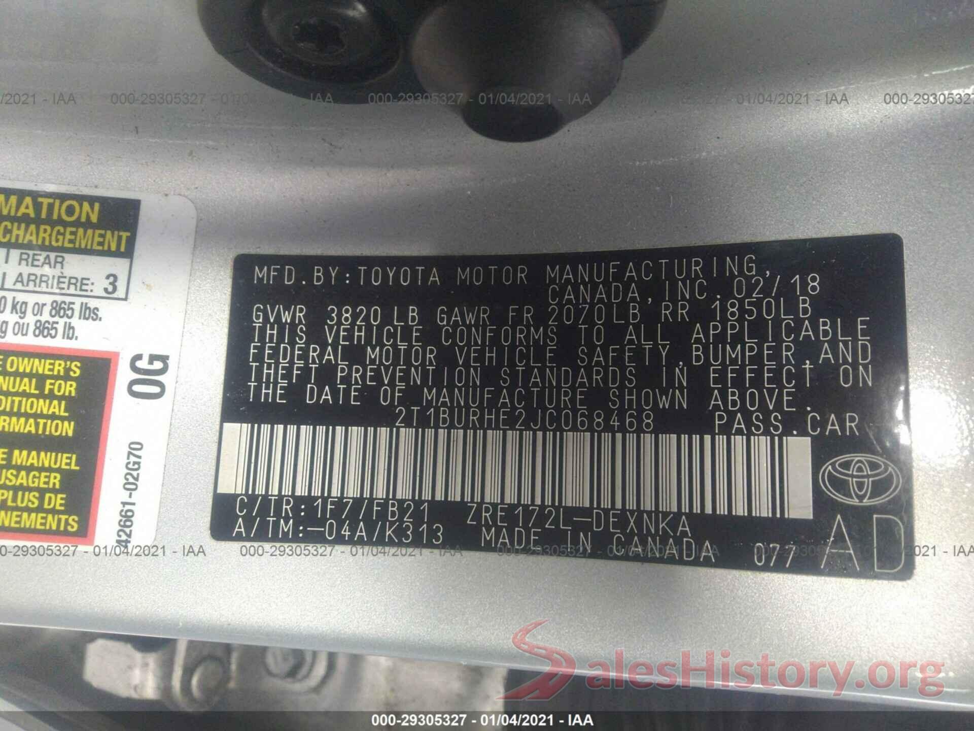 2T1BURHE2JC068468 2018 TOYOTA COROLLA