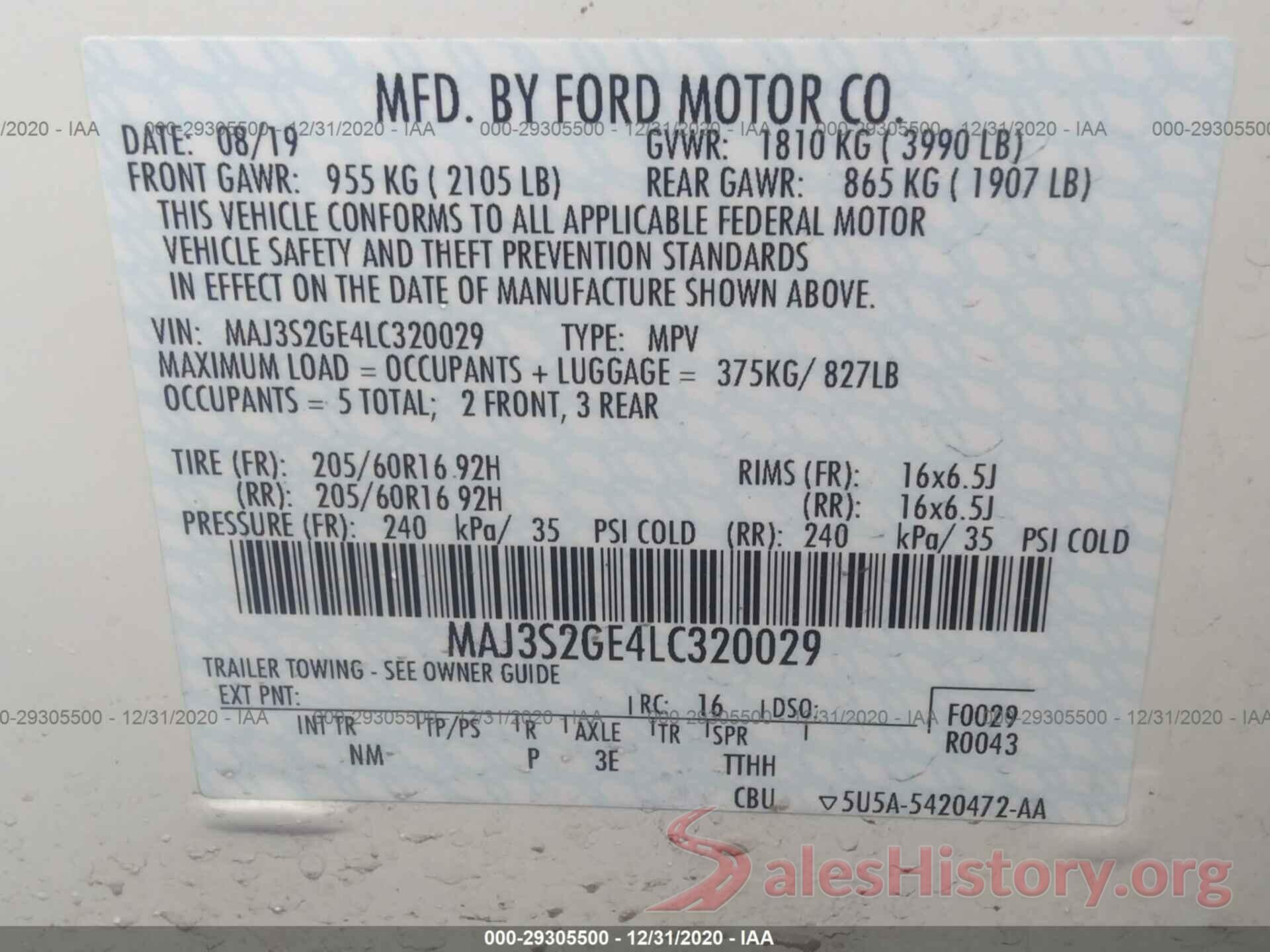 MAJ3S2GE4LC320029 2020 FORD ECOSPORT