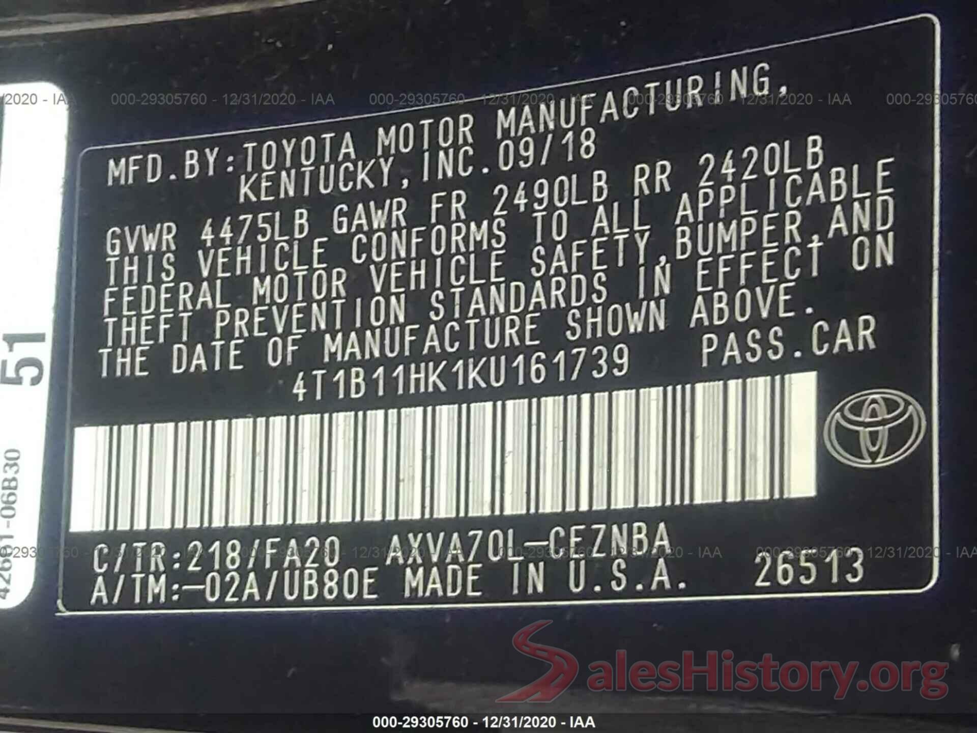 4T1B11HK1KU161739 2019 TOYOTA CAMRY