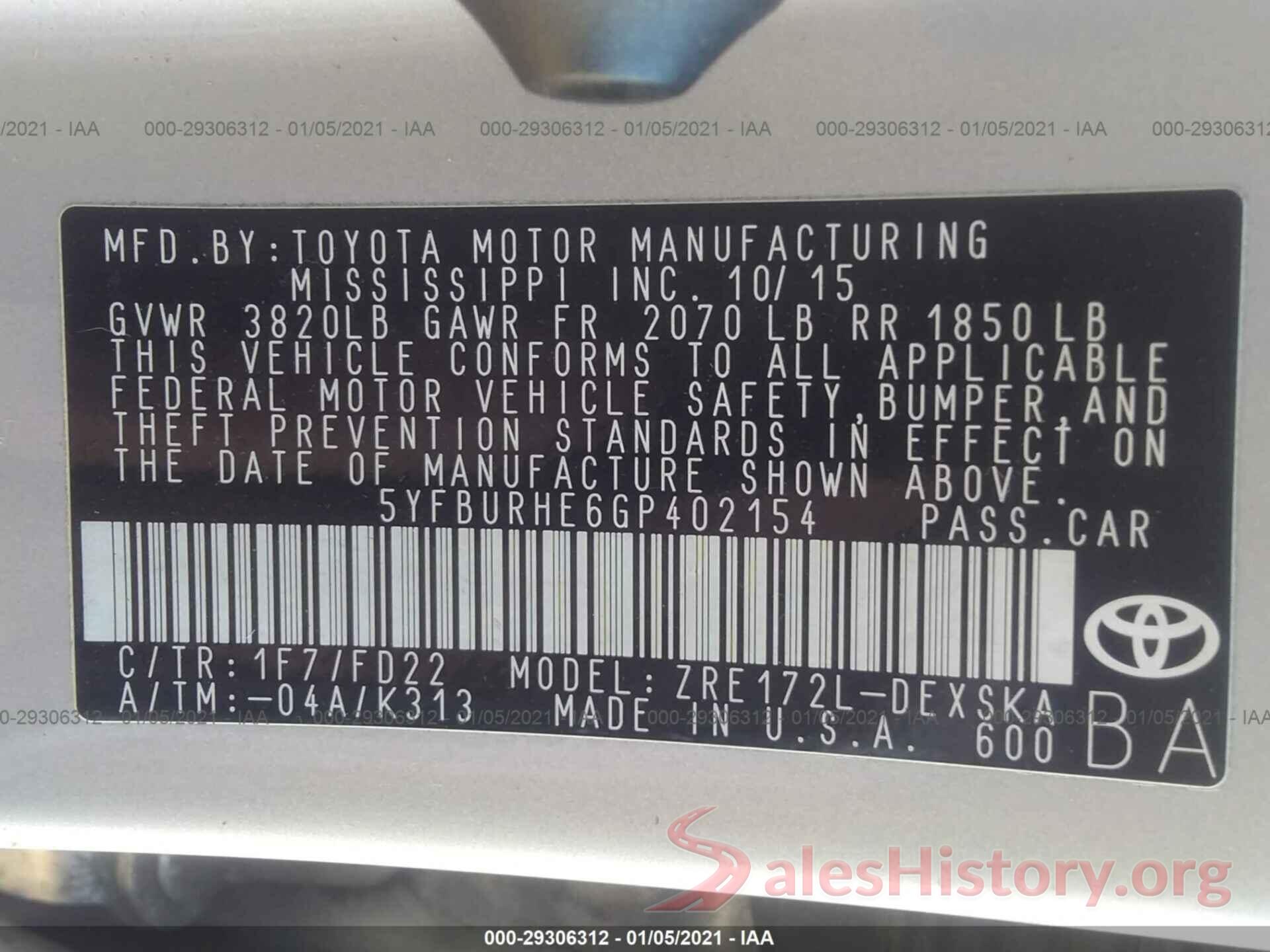 5YFBURHE6GP402154 2016 TOYOTA COROLLA