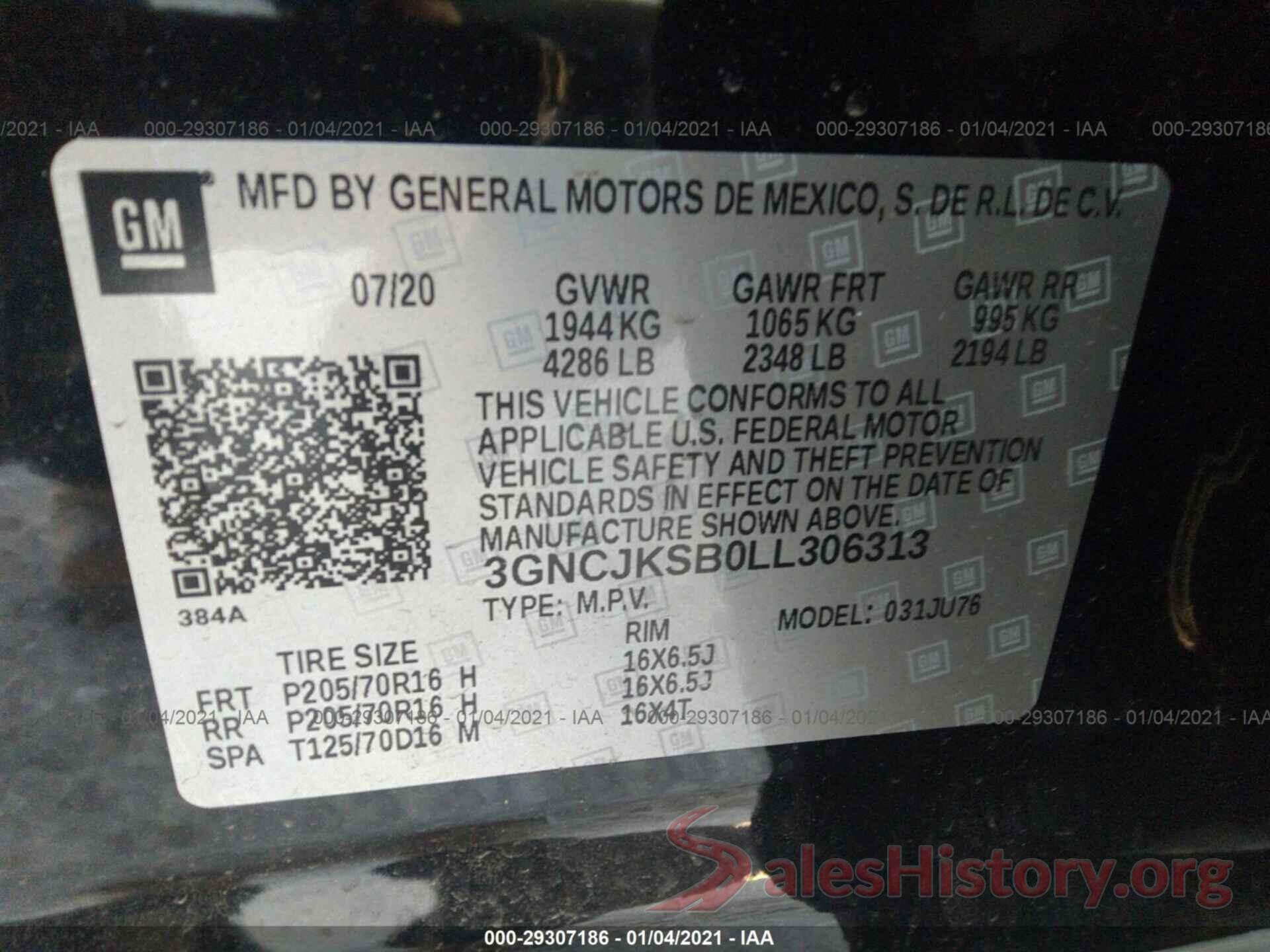 3GNCJKSB0LL306313 2020 CHEVROLET TRAX