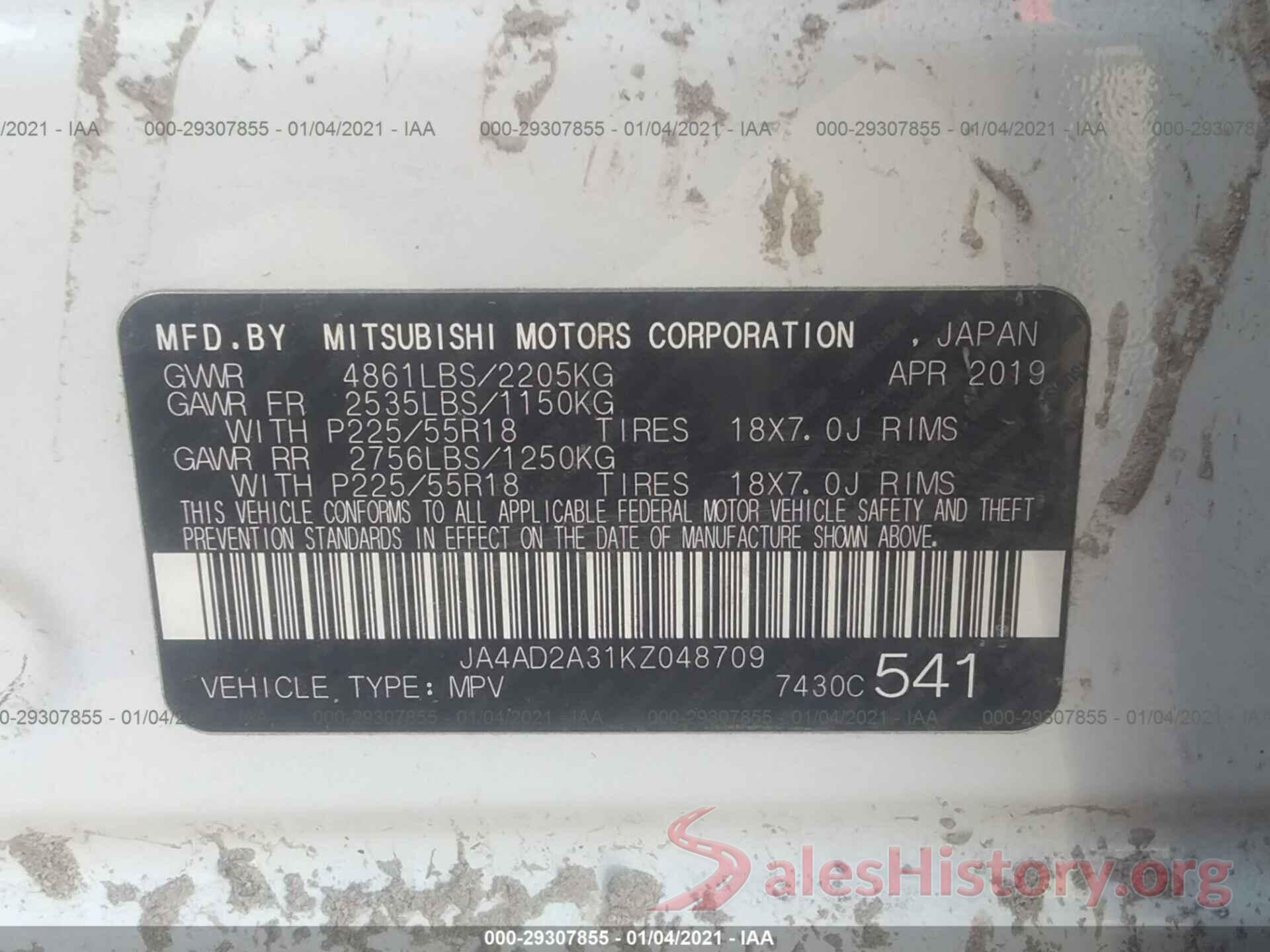 JA4AD2A31KZ048709 2019 MITSUBISHI OUTLANDER